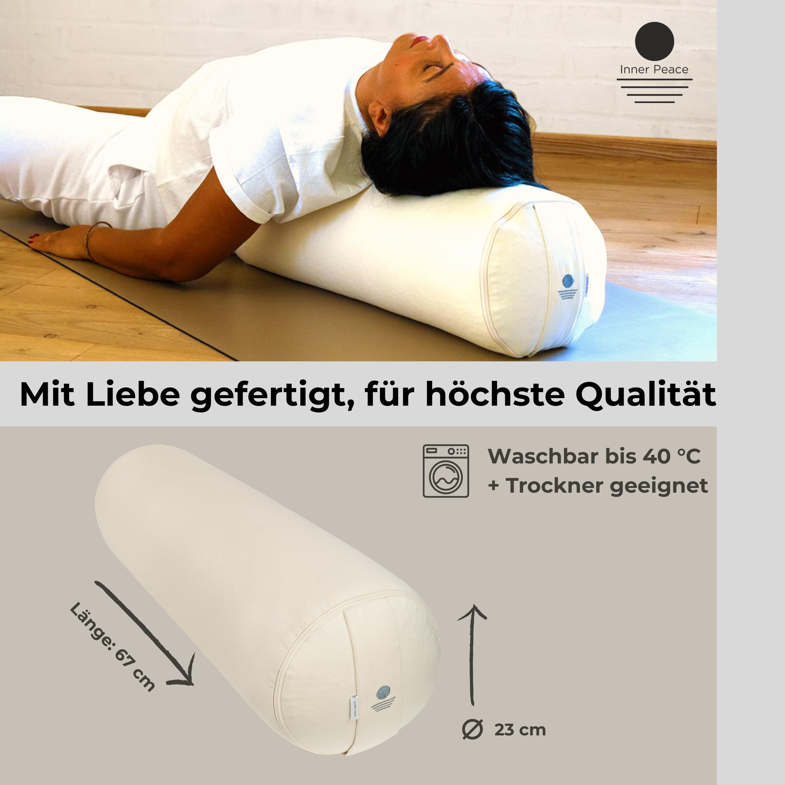 Yoga Bolster Ø 23 cm mit Bio-Dinkelfüllung | Bezug aus 100% Bio-Baumwolle, Yogakissen lang, Made in Germany, waschbarer Bezug, für Yoga & Entspannung