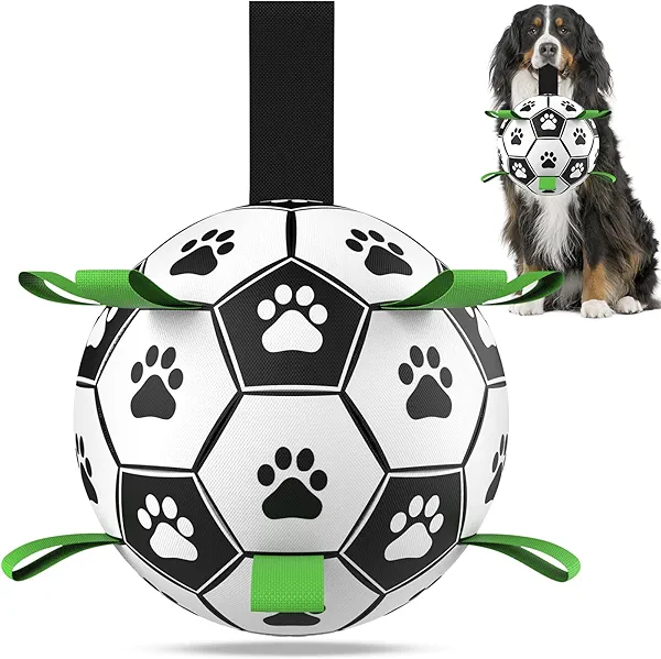 QDAN Dog Toys Extra Large Soccer Ball with Straps, Tug Toy, Water Toy, Durable Dogs Balls World Cup for Large(9 Inch)