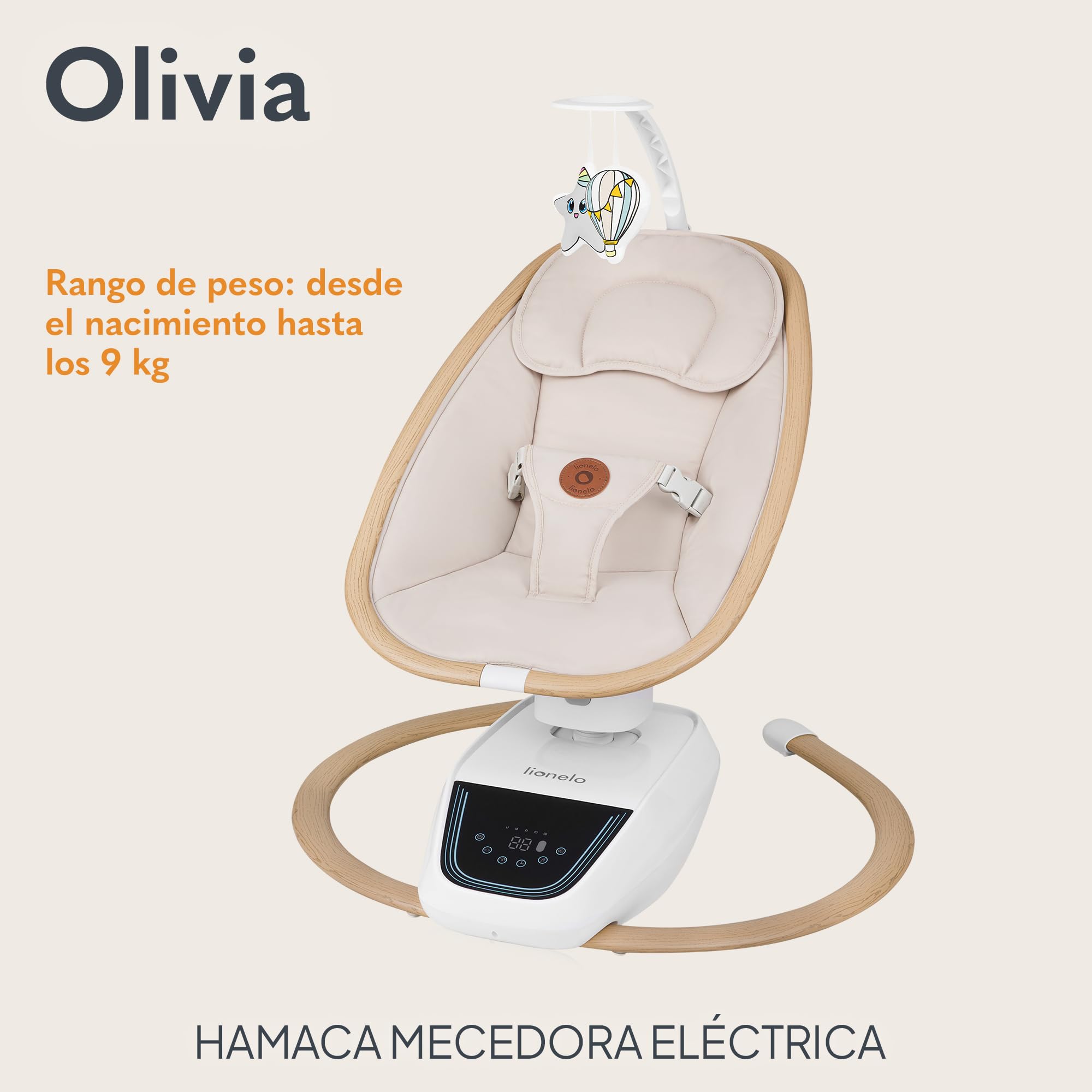Lionelo OLIVIA - Balancín eléctrico para bebé de hasta 9 kg, reclinación natural, 4 velocidades, asiento ergonómico, 13 melodías, 2 juguetes, mando a distancia | balanceo natural, 4 velocidades, asiento ergonómico, 13 melodías, 2 juguetes, control remoto