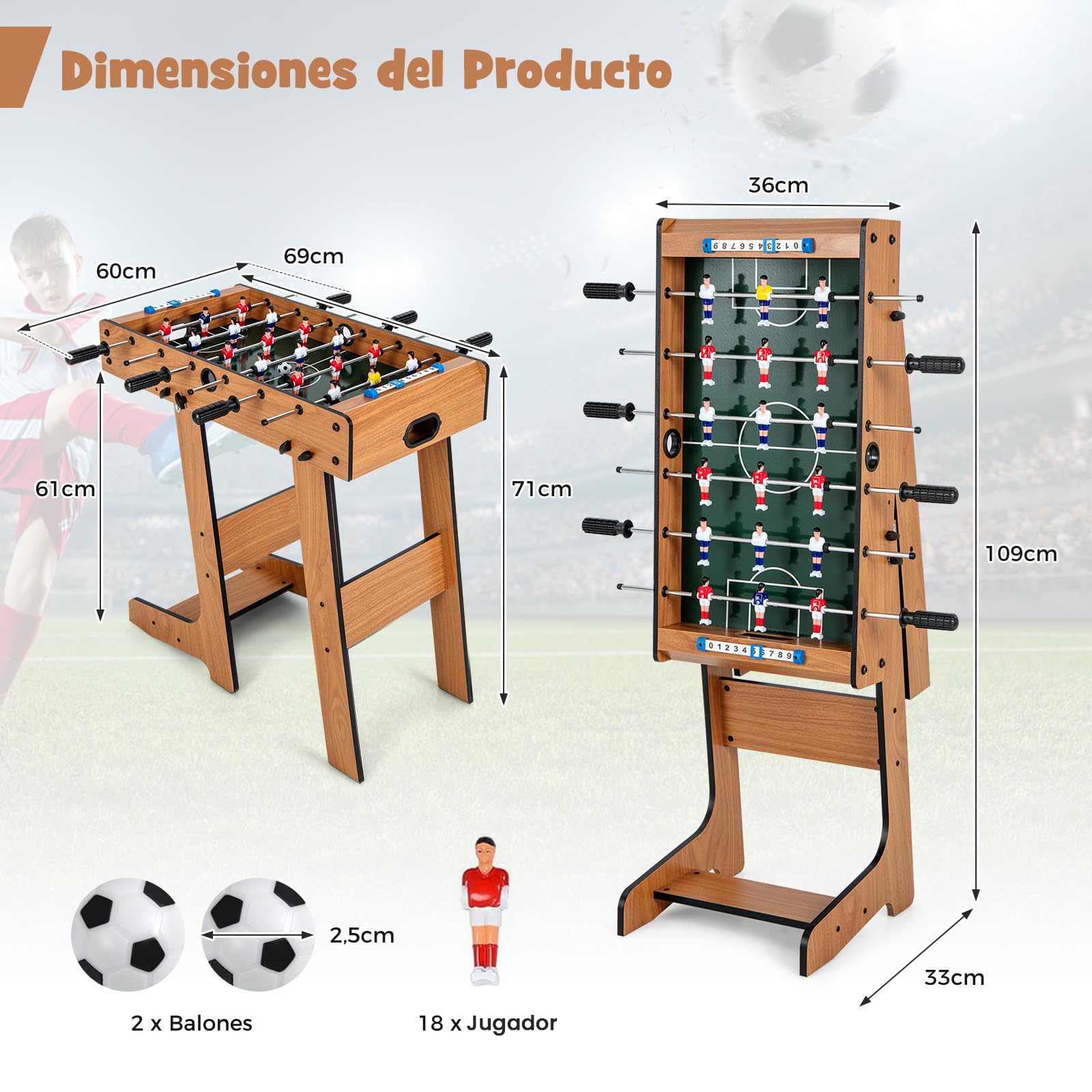 RELAX4LIFE Futbolín Plegable de Madera con Patas, 6 Asas, 18 Jugadores, 2 Balones y 2 Marcadores, Futbolín para Niños y Adultos, Juegos de Mesa para Dormitorio, Bar, Salón, Fiestas, 36x69x71cm