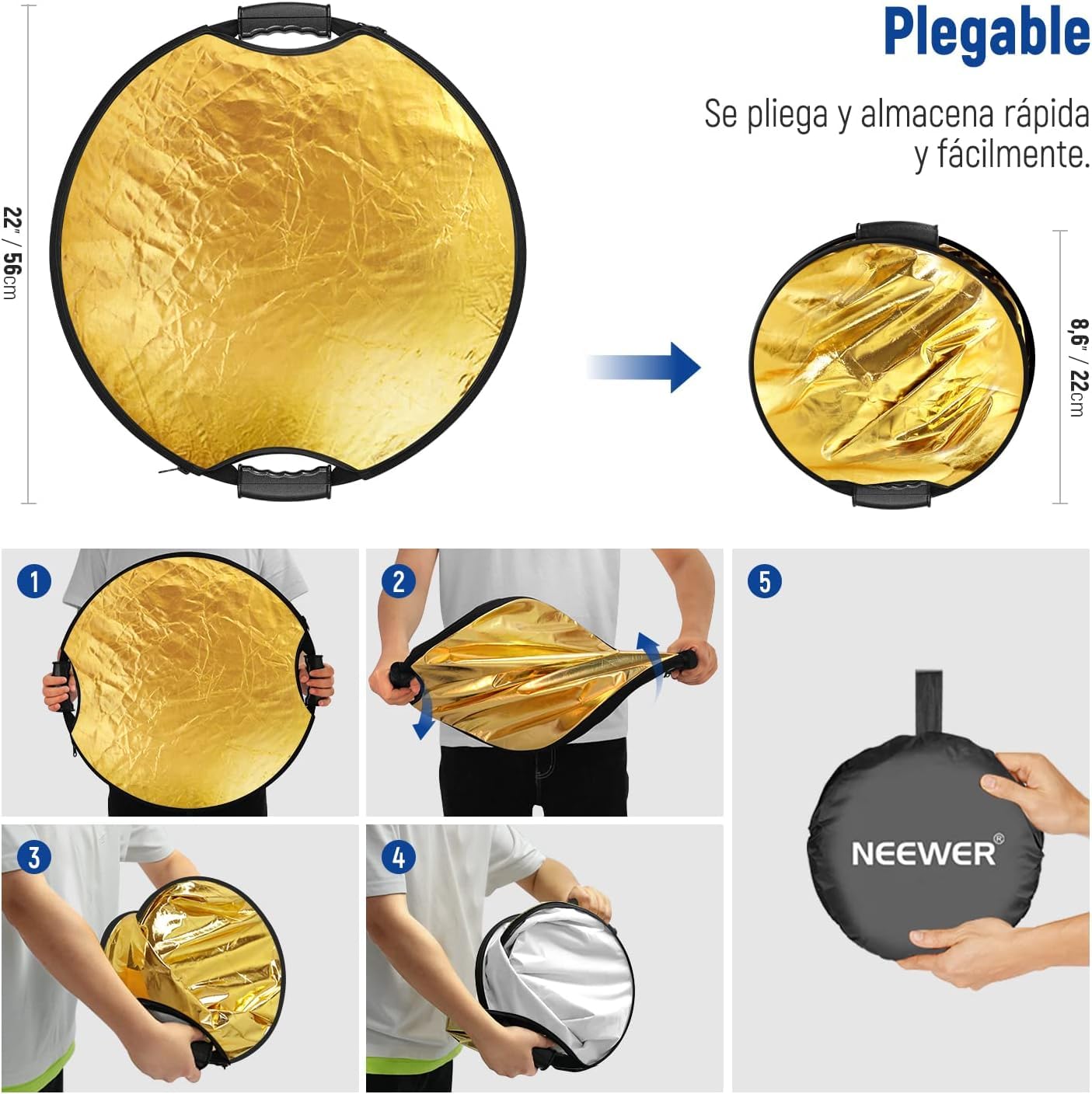 NEEWER Reflector de Luz de 22"/56cm con Empuñadura Rosca 3/8",Difusor de Luz de Disco Plegable 5 en 1 Translúcido/Plateado/Dorado/Blanco/Negro para Iluminación Fotográfica, para Exteriores, RF-56II