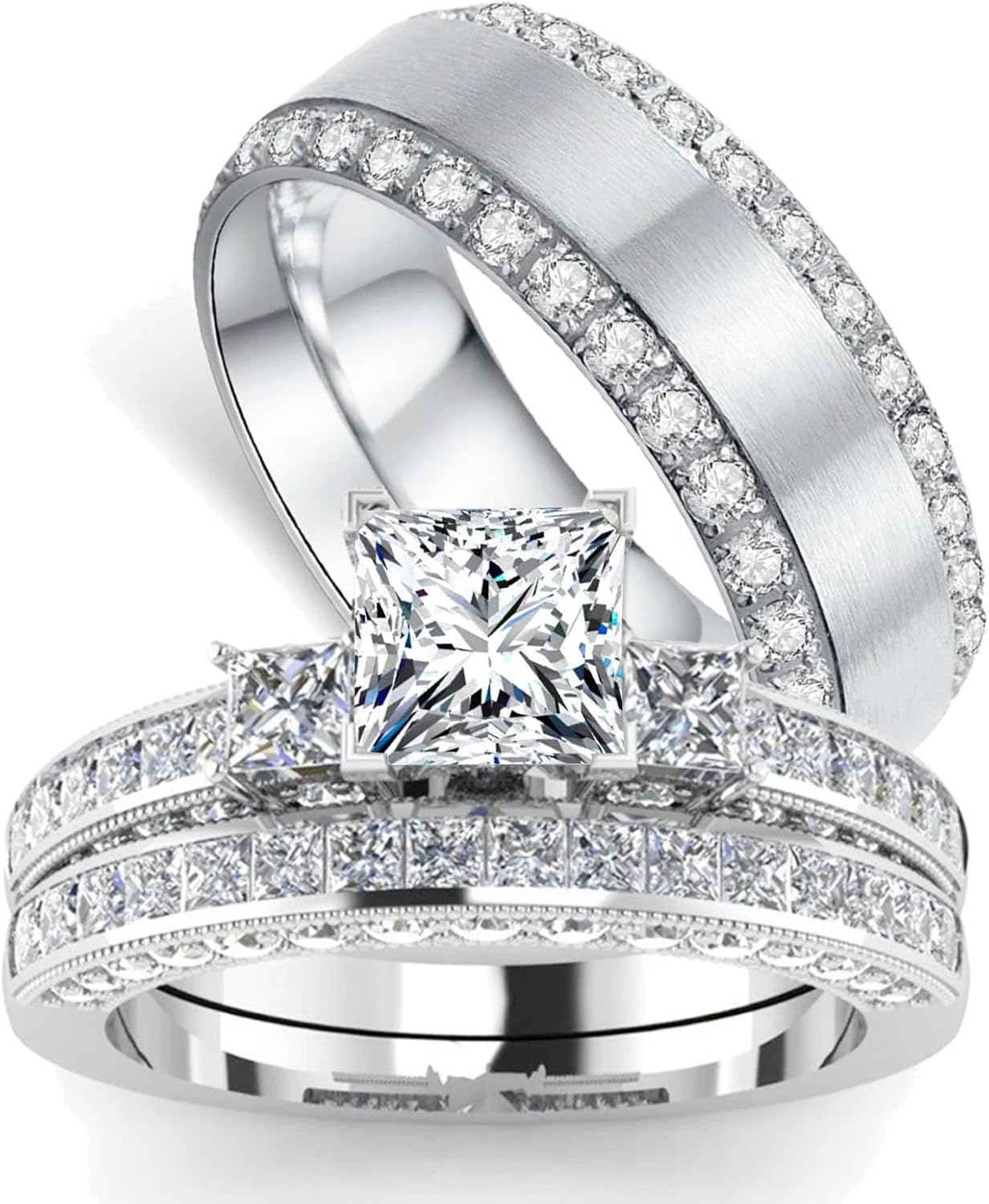 Matching Couple Rings 2ct Center Princess Cut Womens Ring and 8mm Mens Ring 925 Sterling Silver 10K 14K 18K Solid Gold Engagement Ring Set Moissanite Couple Set Free Engraved Size 4-16