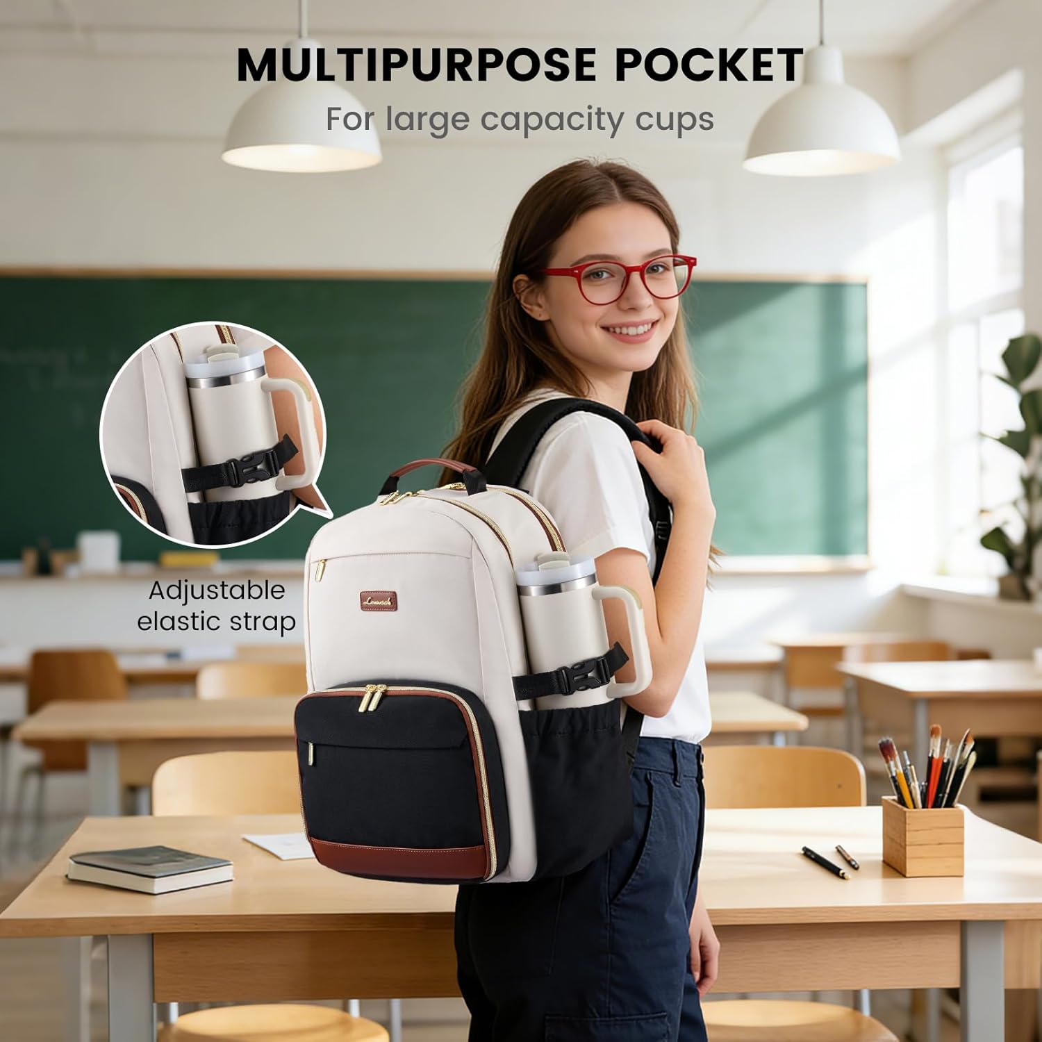 LOVEVOOK Lunch Backpack with Lunch Compartment,15.6 Inch Laptop Work Travel Insulated Cooler Backpack,Waterproof College Teacher Lunch Bag Box with Tumbler Holder,Gifts for Men Women,Beige-Black-Brown