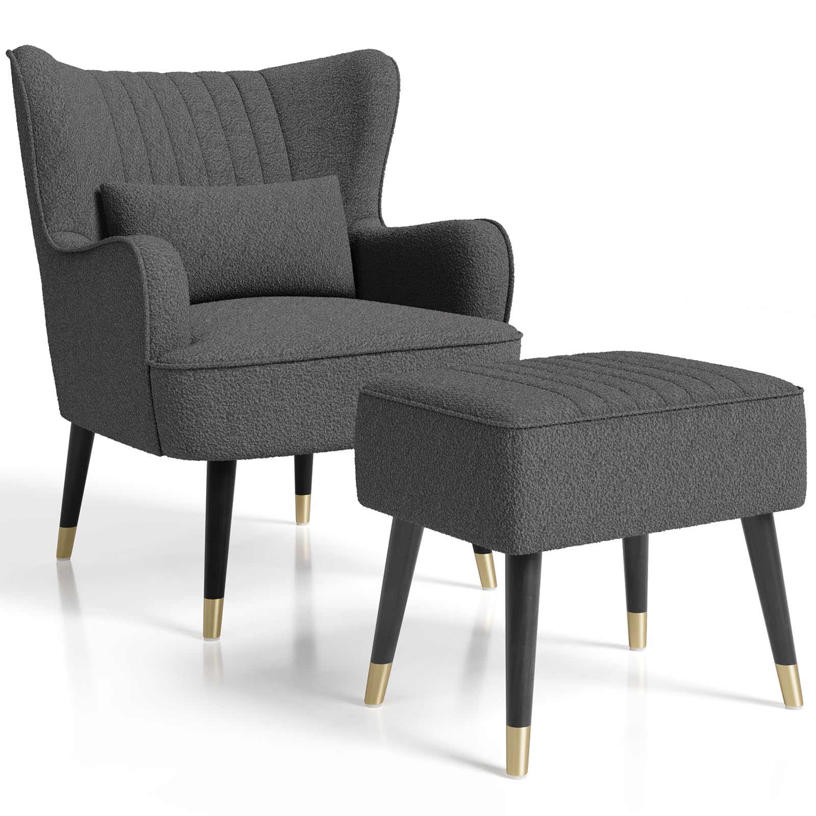 Vesgantti Teddy Fleece Armchair with Footstool and Lumbar Pillow, Modern Wing Back Accent Chair with Ottoman, Large Cuddle Chair for Living Room Bedroom Study Room Office(Dark Grey)