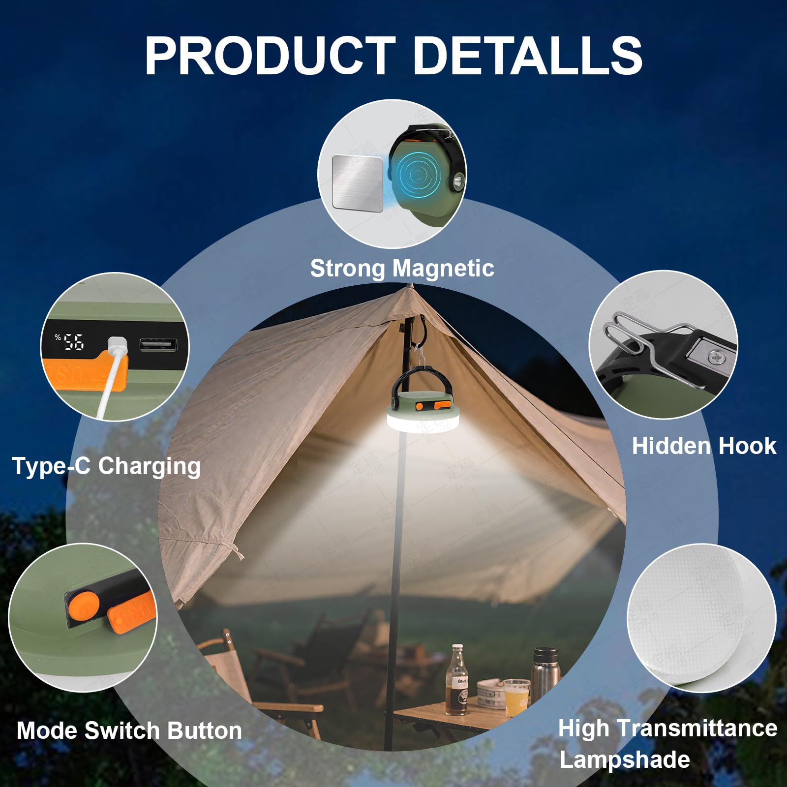 Outdoor Camping Lampe Wiederaufladbare Lampe Tragbare Beleuchtung Lampe Ausgestattet mit 6 Helligkeitseinstellungen, Zeltlampe mit Haken, Geeignet für Stromausfälle, Wandern und Notfälle (Armeegrün)