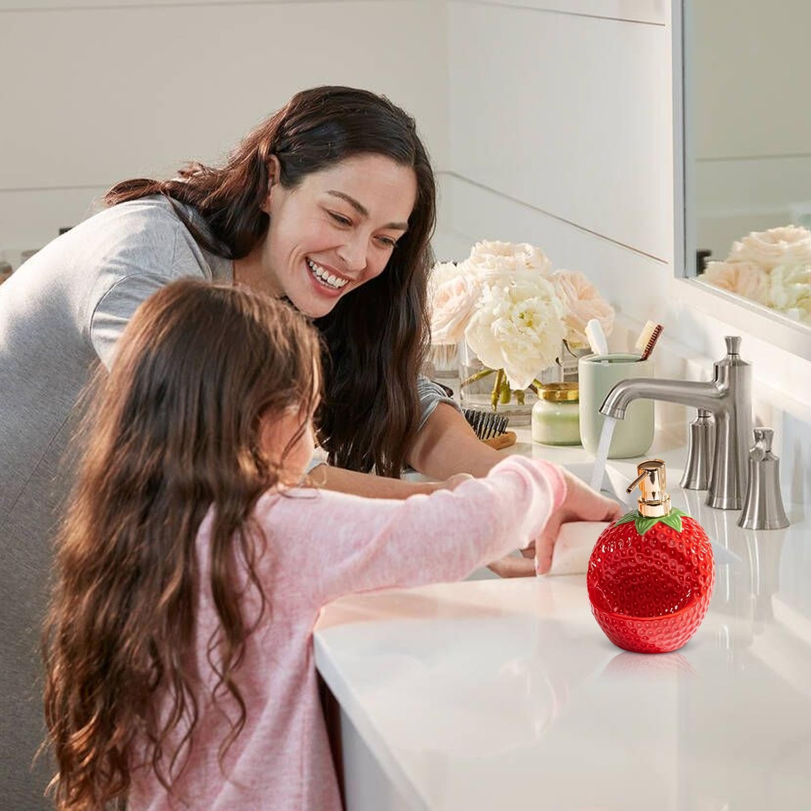Dispensador de Jabón para Baño Botella de Bomba de 20 Onzas de Fresa para | Dispensador de Jabón de Baño con Portaesponjas Para Encimera de Cocina