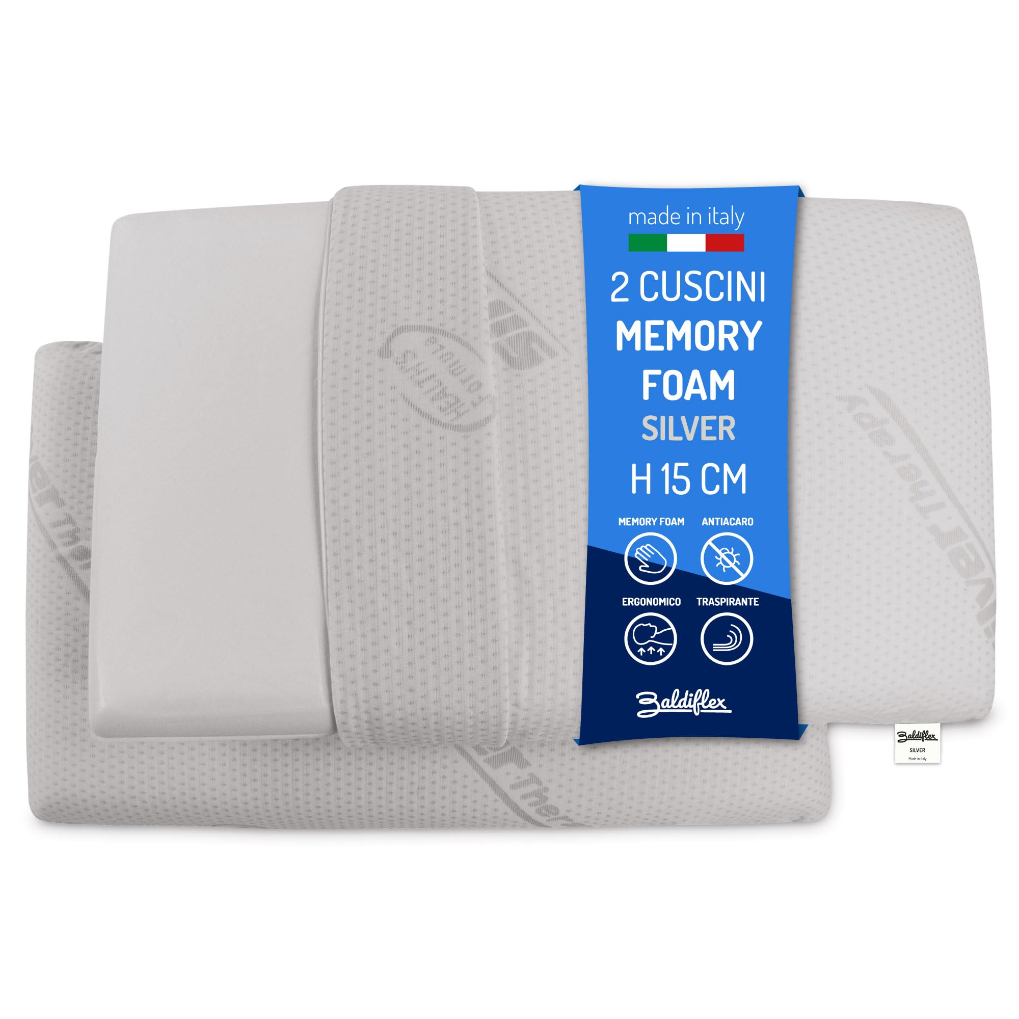 Baldiflex Emporio, Coppia di Cuscini Saponetta Memory Foam H 15 cm, Silver Safe, Altezza 15 cm