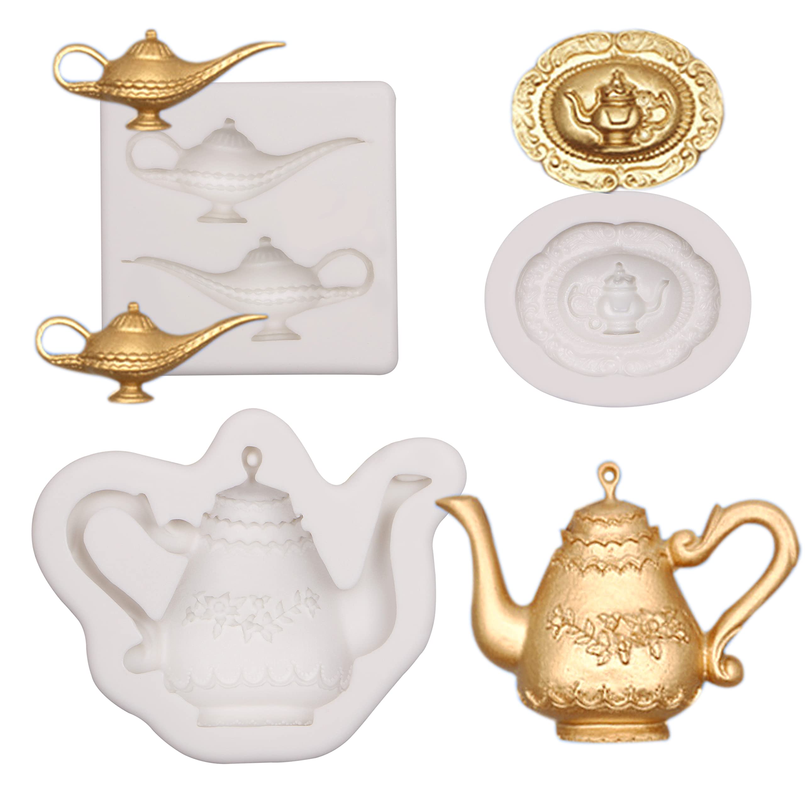 Aladdin Lamp Silicone Molds for Aladdin Myth Theme Party, Tea Party Teapot with Filigree Relief Chocolate Molds for Cake Decoration Candy Fondant Cookie Dessert Jelly Pudding Soap Ice Cube Clay Resin
