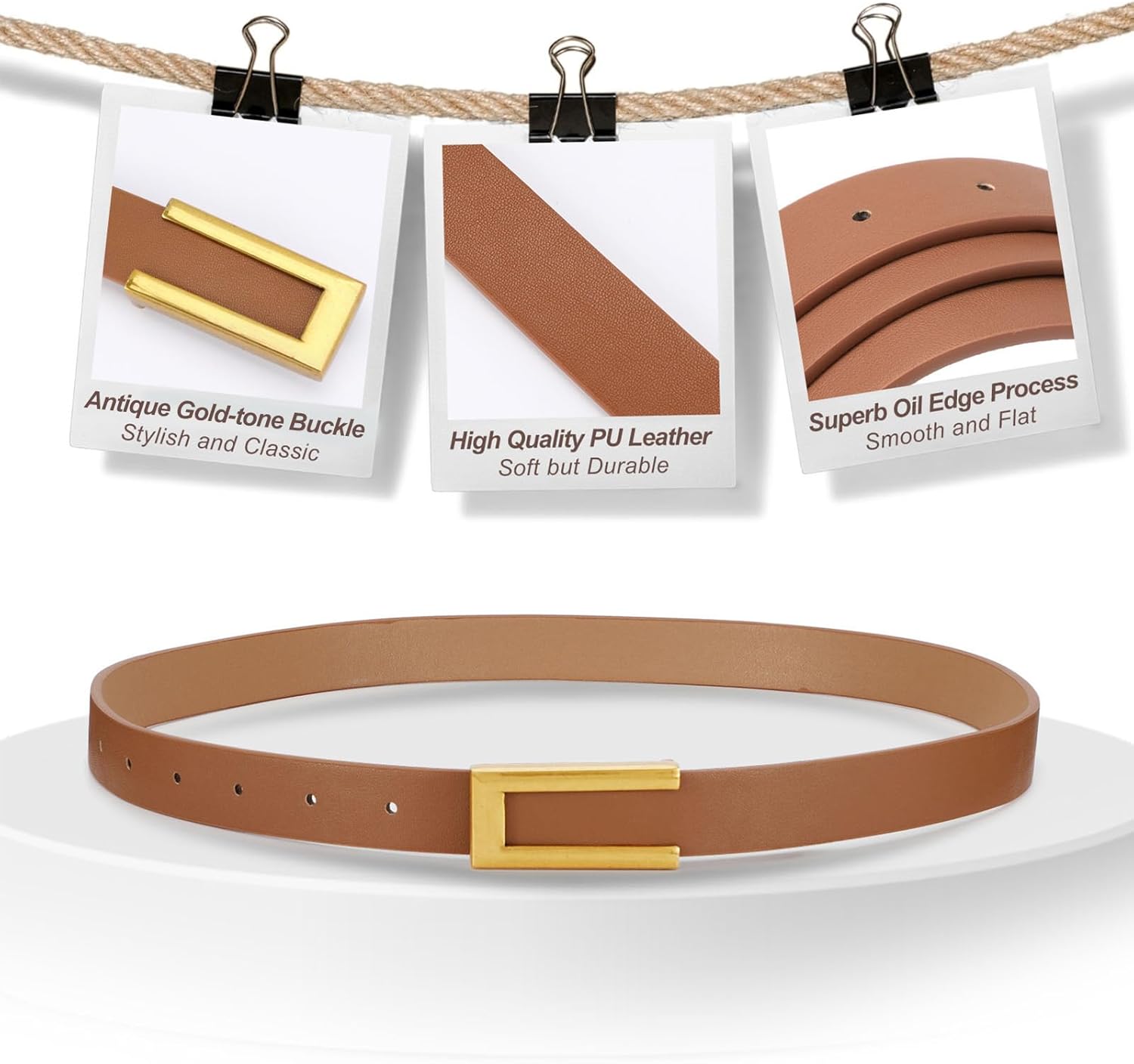 SUOSDEY Women Skinny Leather Belts for Dress Jeans Belt for Women with Gold Buckle,Width 0.9" - Image 4