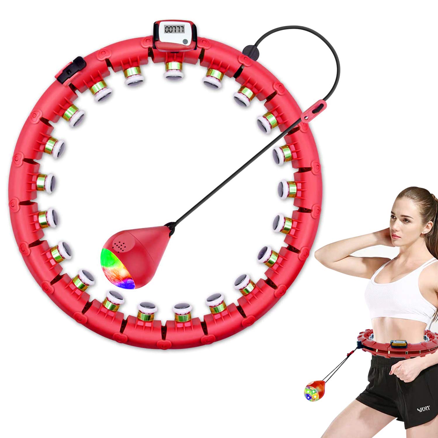 Huancheng Weighted Smart Hoola Hoop for Adults and Kids Exercising, 2 in 1 Abdomen Fitness Weight Loss Massage Non-Fall, 24 Detachable Knots Adjustable Weight with Counter and LED Light