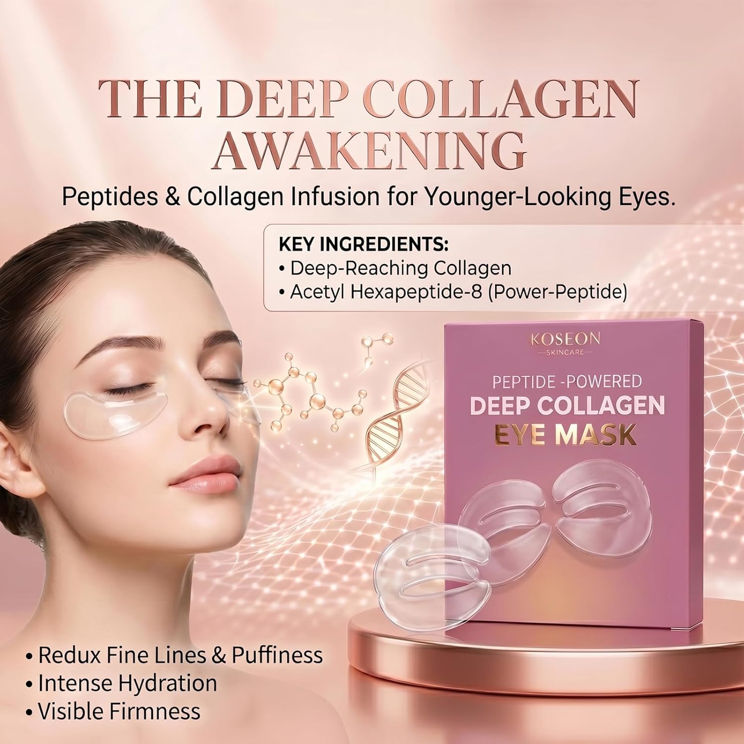 Koseon Collagen Eye Mask, Peptide-Powered Deep Collagen Eye Mask with Collagen Peptide, Under Eye Patches 360° Fit, Eye Patches for Fine Lines Eyes and Dark Circles (1 pcs)