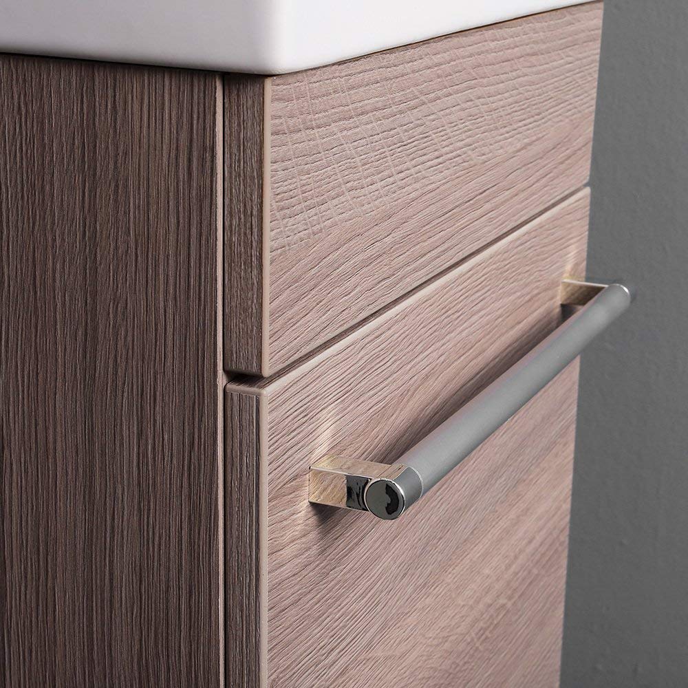 Kiamami Valentina Mobile Bagno Sospeso Salvaspazio Rovere Fumo Smart | Base 42,5x22,5x55,6 cm, lavabo ceramica reversibile, specchio con mensola, ideale per bagni piccoli