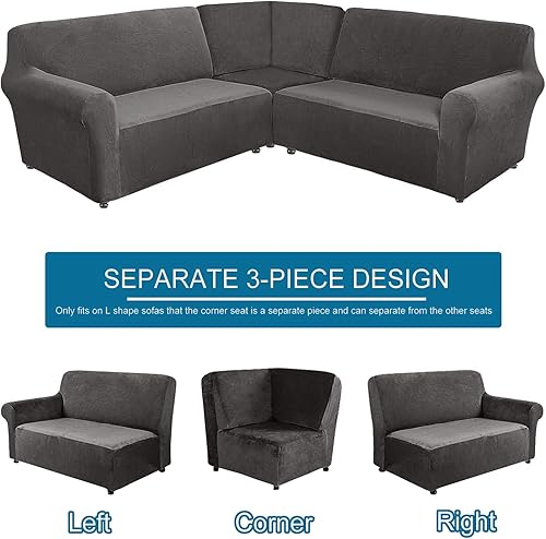Miniatura 5 de Fundas de terciopelo para sofá seccional para 5 plazas, 3 piezas, elásticas, en forma de L, suave funda para sofá esquinero, protector de muebles