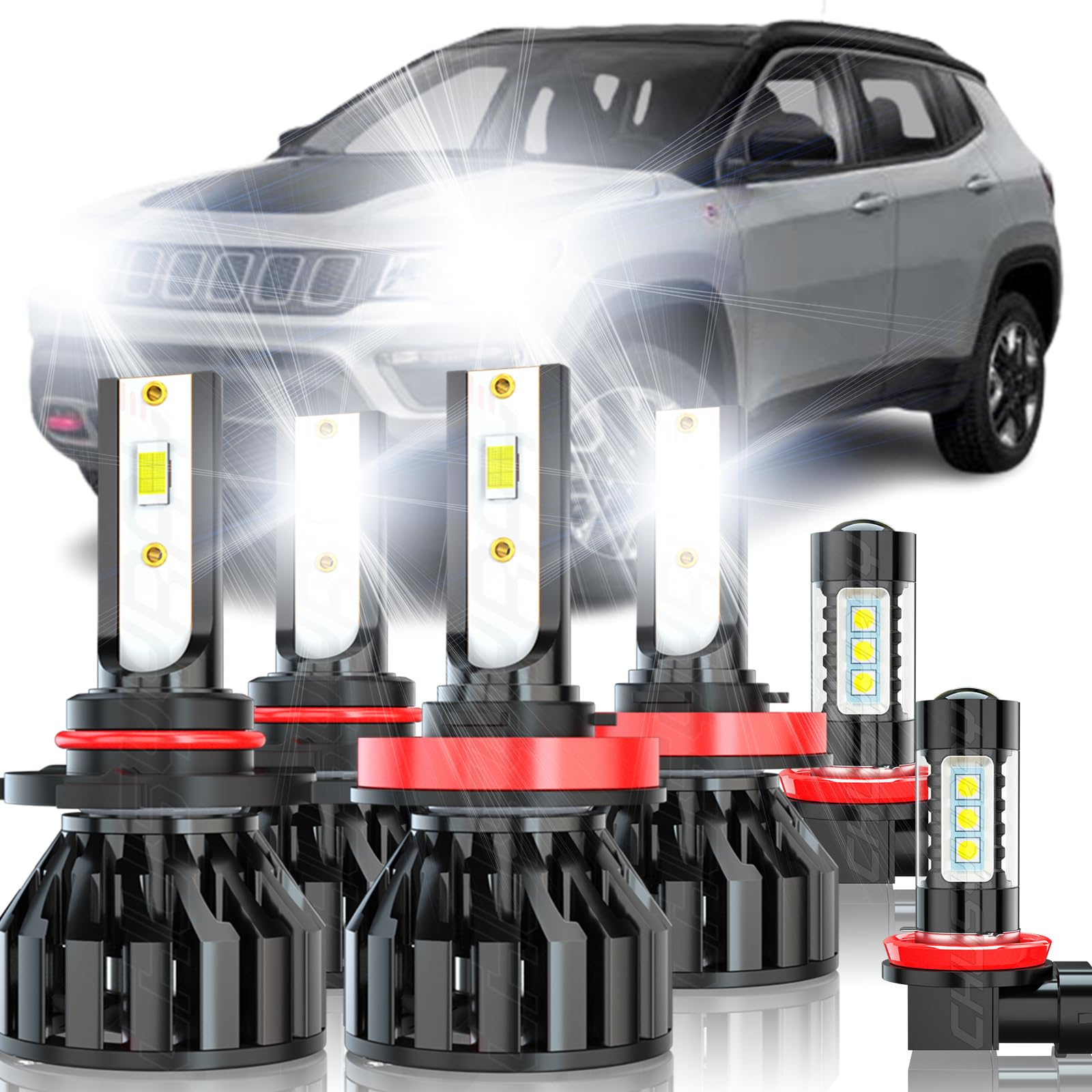 CHUSYYRAY Compatible with Jeep Compass Light Bulbs Combo or Fog 2016 2017 2018 2019 2020 2021, 9005 High Beam H11 Low Beam H11 Fog Light Bulbs, 500% 32000LM HIGH POWER, Plug and Play, Packs of 6