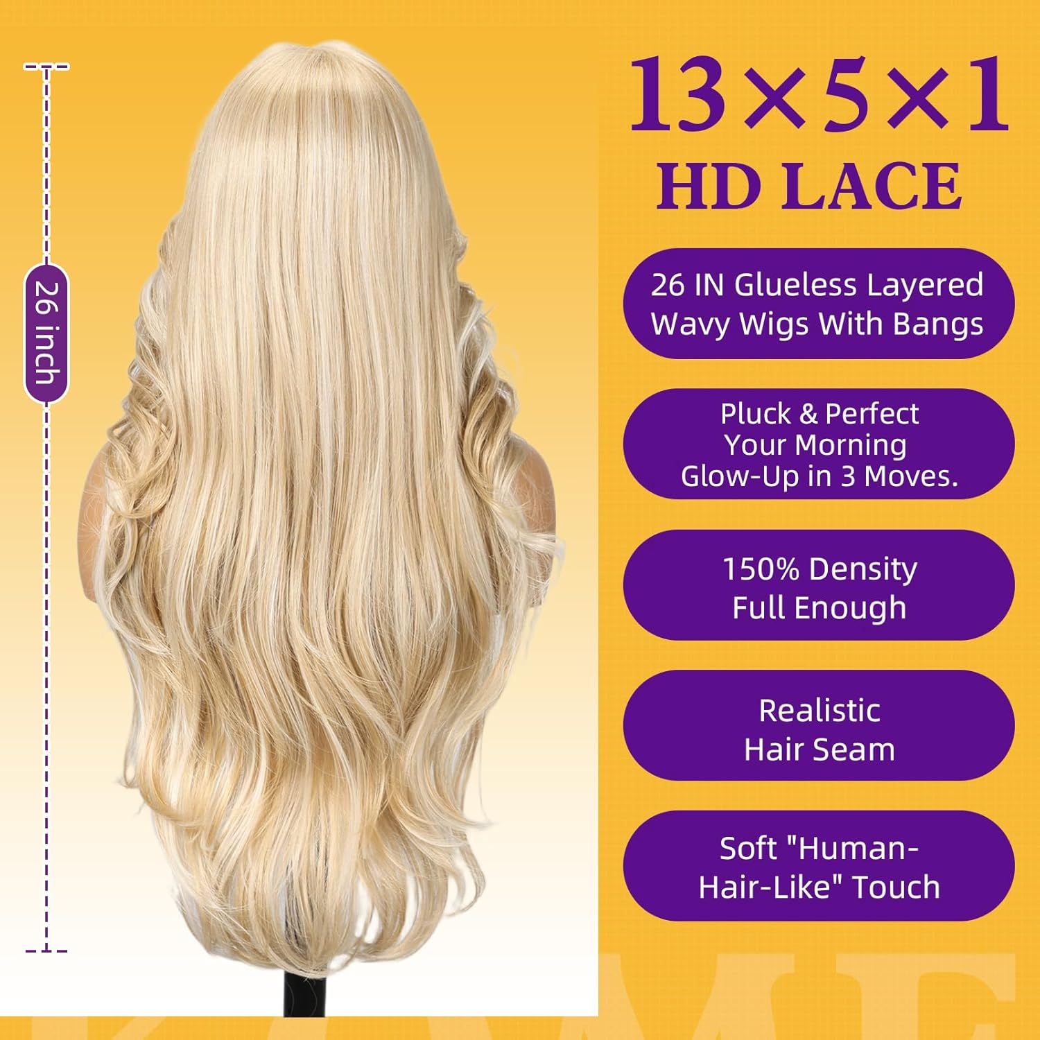 KOME Blonde Synthetic Lace Front Wig, T Part Glueless Layered Wavy Wigs With Bangs, Heat Resistant Wigs For Women Daily Party Use 26IN