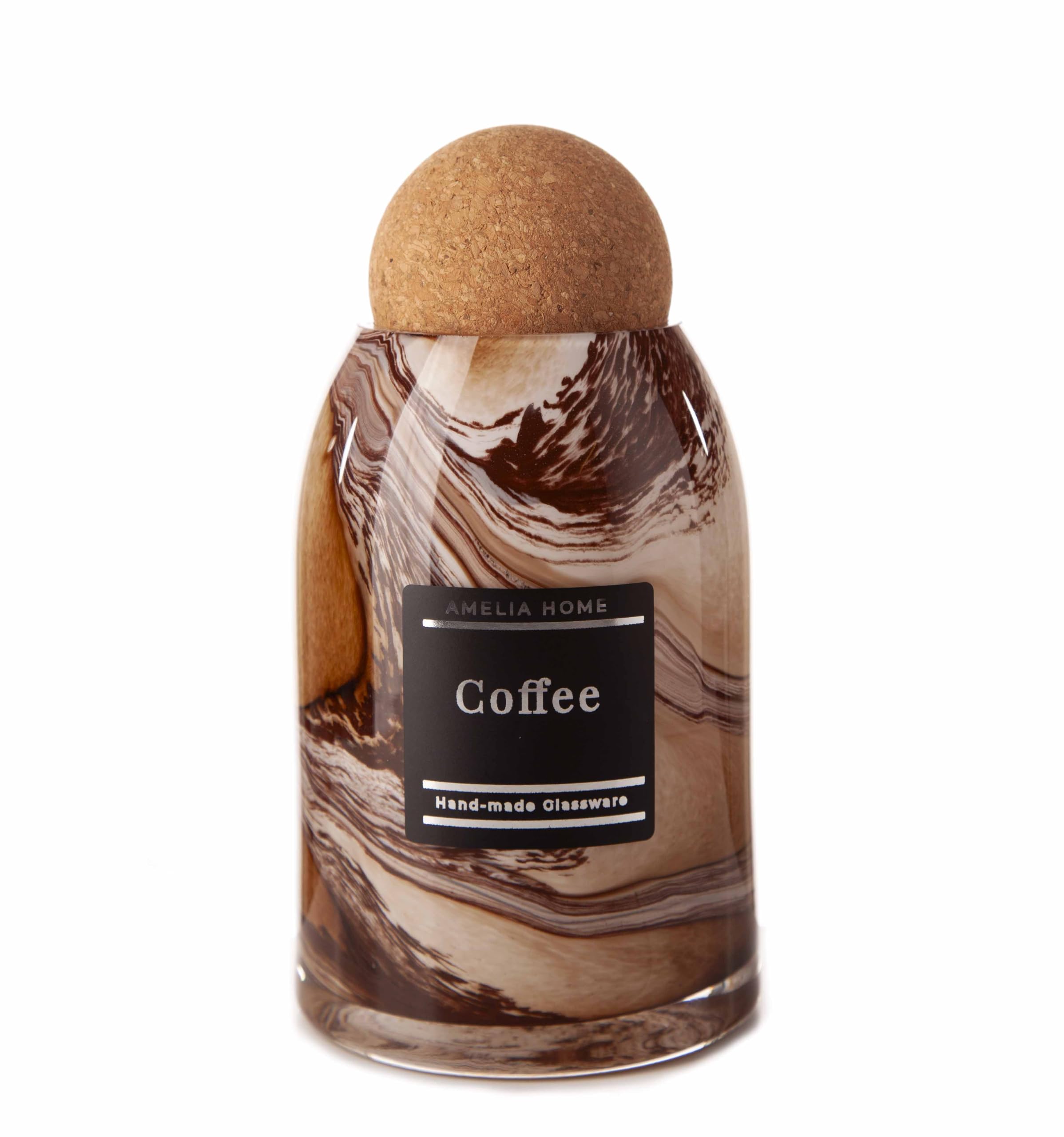 Mouth Blown Glass Storage Jar with Cork Ball Lid, Decorative Kitchen Container - Rustic Swirl