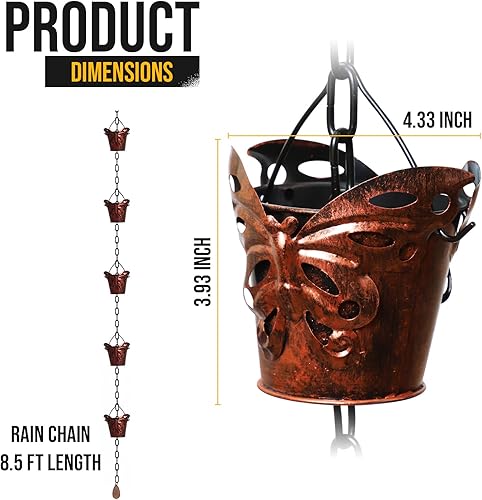 Miniatura 2 de LEPTALINA Cadenas de lluvia de hierro de bronce mariposa de 8.5 pies para canalón y barril de lluvia, resistente al óxido, cadena de lluvia chapada