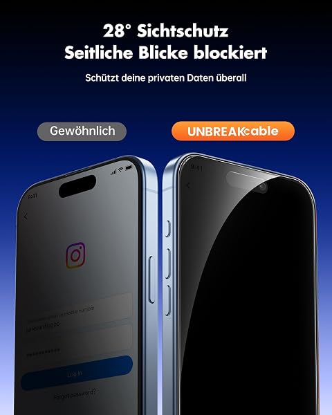 UNBREAKcable Panzer Sichtschutz Glas Kompatibel für iPhone 17 (6,3 Zoll) Blickschutzfolie Privacy Screen mit Anti Spy, Kratzfest, Anti-Fingerprint und blasenfrei - 2 Stück - 2