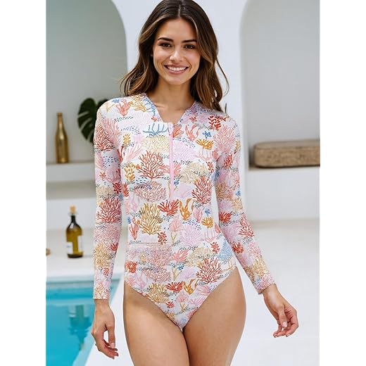 Maiô feminino de manga comprida Rash Guard, secagem rápida, peça única com zíper para natação e praia