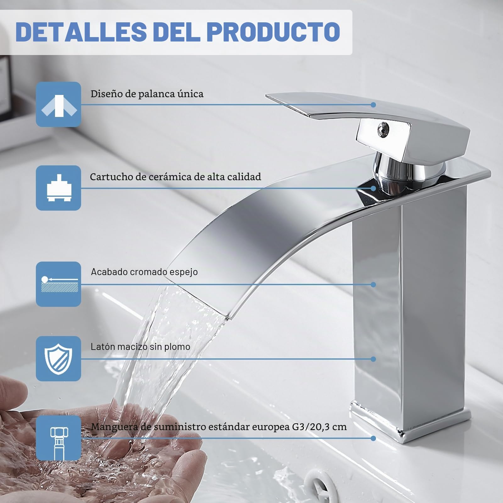 kisimixer Grifo de Lavabo Cascada Moderno, Mezclador Monomando Lavabo de Latón, Grifo de Baño Cascada con Prima Valvula de Ceramica, Agua Fria y Caliente Disponible, Cromado