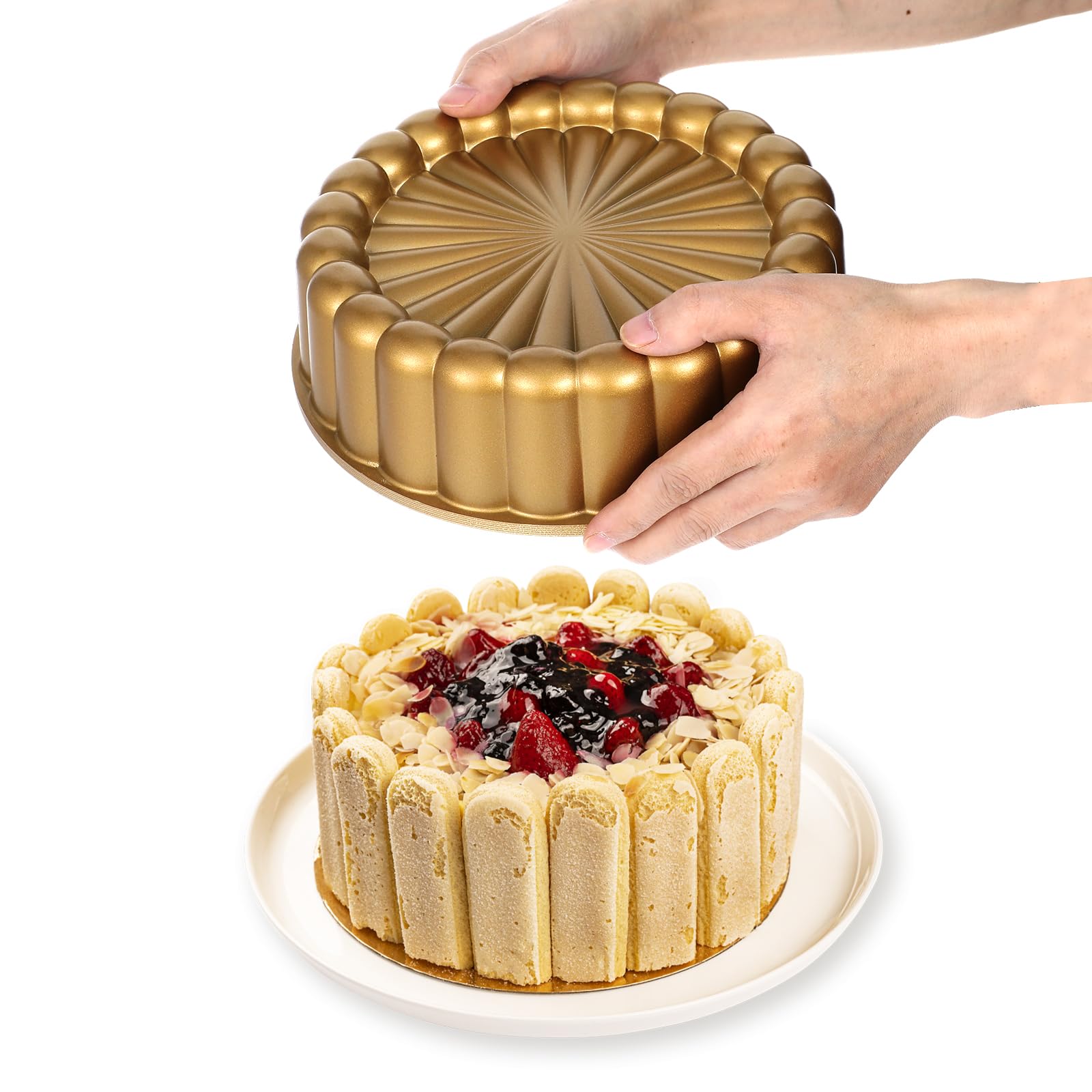 Molde para tartas Charlotte de 9.5 pulgadas, molde reutilizable estriado para tartas, molde de aluminio antiadherente con forma de flor para pastel de queso, pastel de chocolate, pastel de
