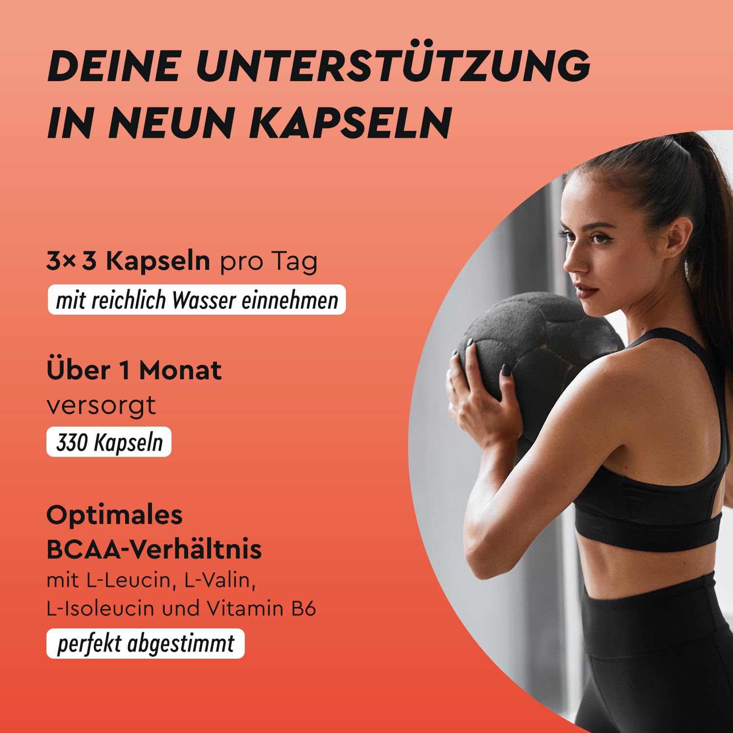 BCAA 330 Kapseln - Essentielle Aminosäuren Leucin, Valin und Isoleucin Plus Vitamin B6 - Laborgeprüft und ohne Zusätze in Deutschland hergestellt