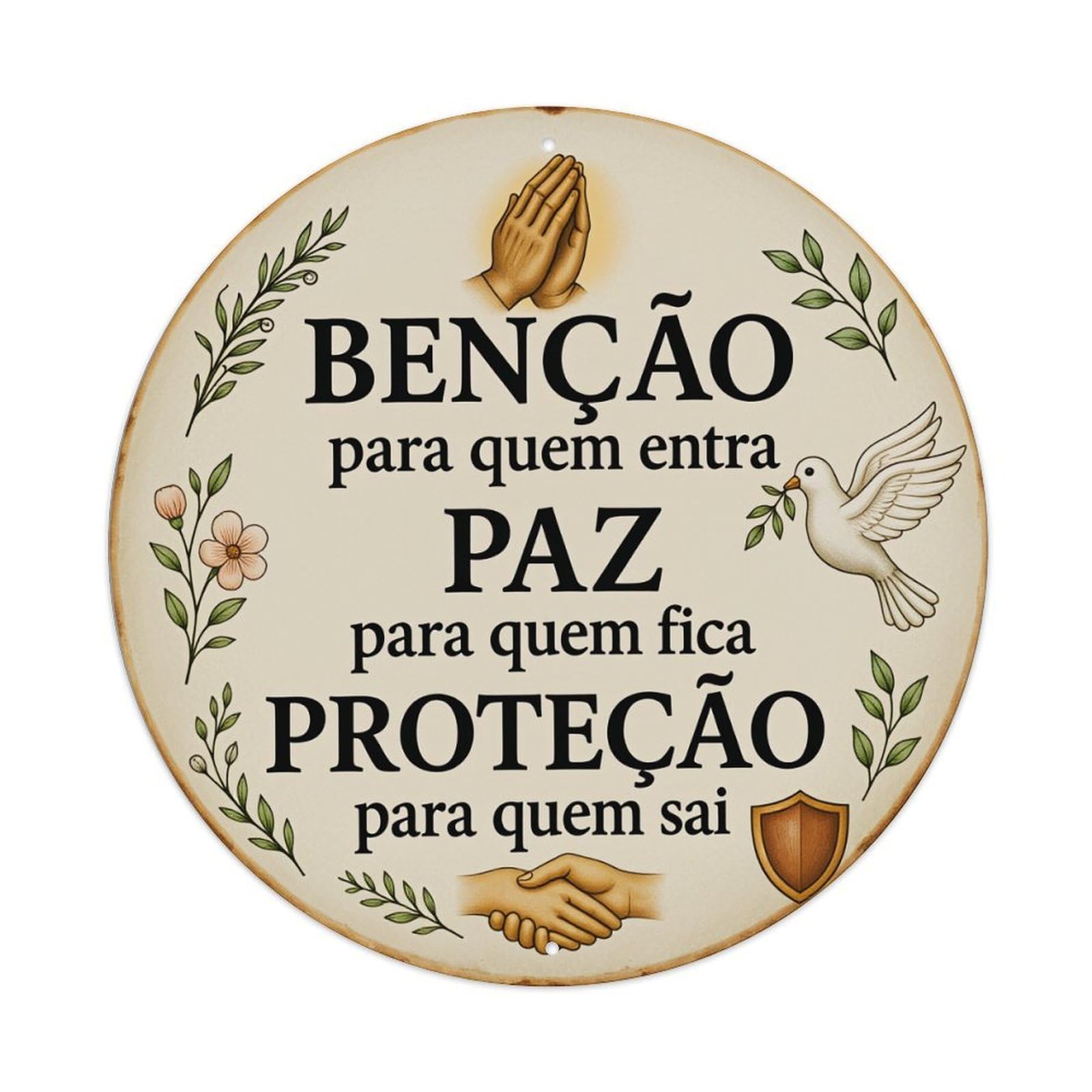 Blessing Peace Protection For Who Enters Stays Leaves Hands Doves Flowers Shield Round Tin Sign Vintage Style Metal Sign Home Bar Garden Wall Plaque Decor Metal Poster 8x8 Inch