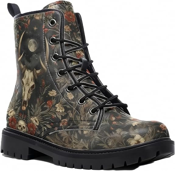Women Printed Ankle Boots with Graffiti Pumpkin Bat Crow Floral Leaves Natural Scenery Stylish Colorful Platform Lace-up Leather Combat Booties Casual Everyday Party Halloween Christmas