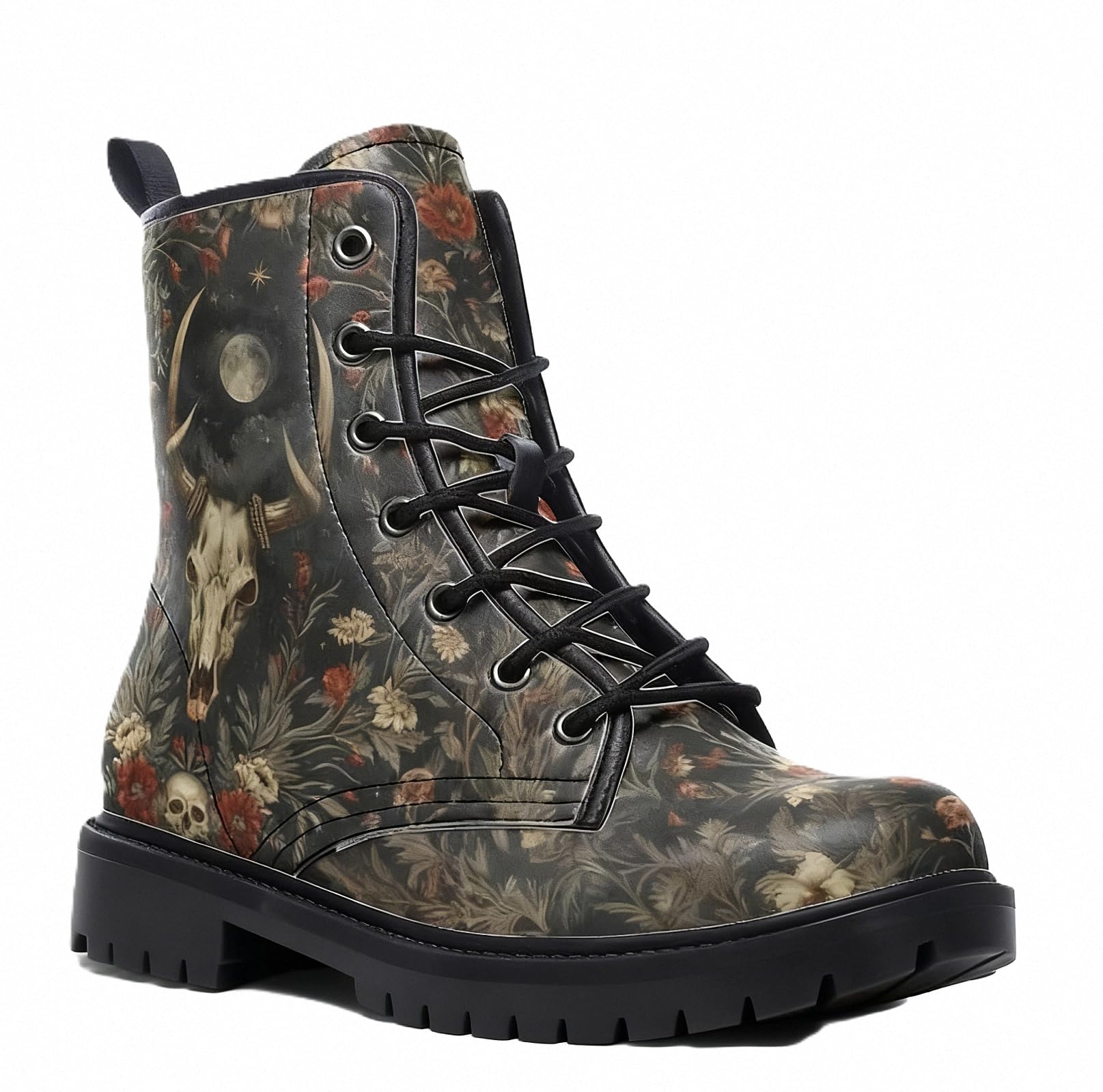 Women Printed Ankle Boots with Graffiti Pumpkin Bat Crow Floral Leaves Natural Scenery Stylish Colorful Platform Lace-up Leather