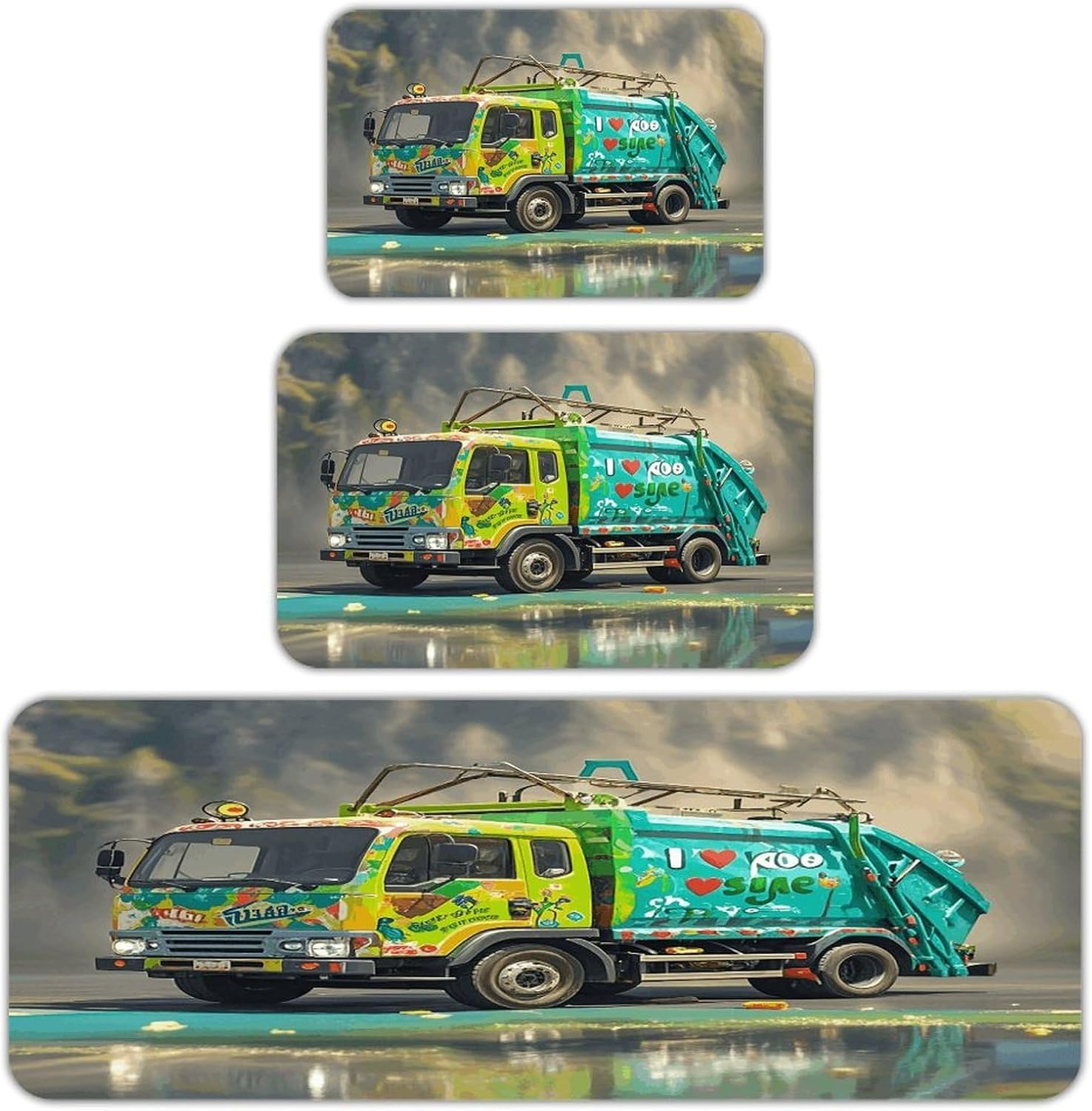I Love Garbage Trucks Kitchen Rugs Sets of 3 Washable Non Slip Kitchen Rug Water Resistant Carpet Piece Anti Fatigue Kitchen Mats Soft Comfort Standing Mat Modern Area Rug