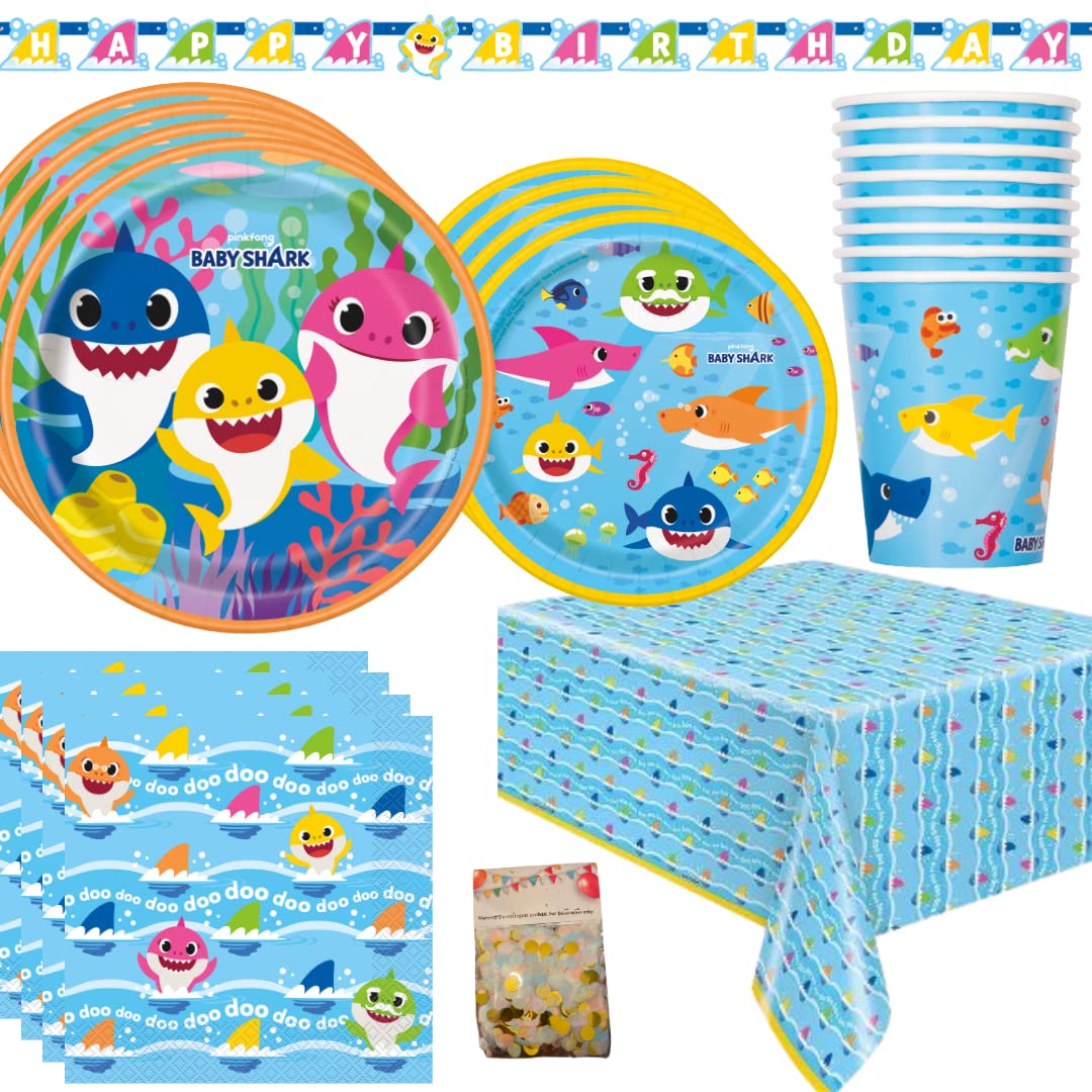 Baby Shark Party Decorations include Baby Shark Party Supplies for 16 Guests and Baby Shark Birthday Decorations for Baby Shark Birthday Party Baby Shark Baby Shower or Baby Shark Gender Reveal Party