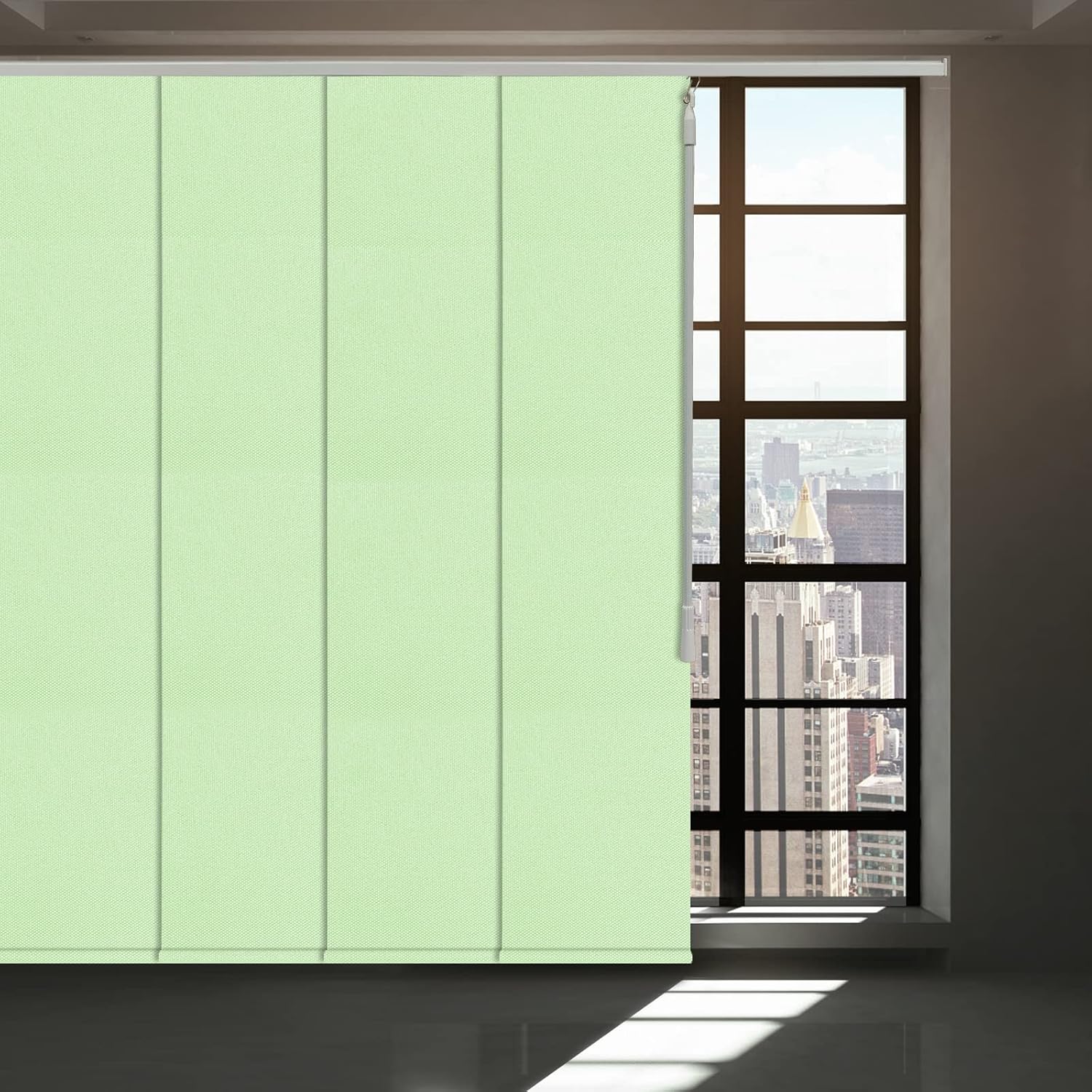 Blackout Cordless Sliding Panel Track Blind, 4-Rail or 6-Rail Track Vertical Blinds for Sliding Window and Patio Door, Woven Fabric Curtain, Green