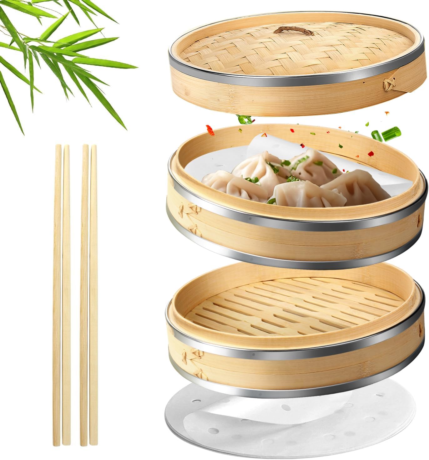 Flexzion Bamboo Steamer Basket Set (10 inch) with Stainless Steel Banding, 50 x Steamer Liners and 2 Pairs of Chopsticks, Steam Baskets for DimSum Dumplings, Rice, Vegetables, Fish and Meat