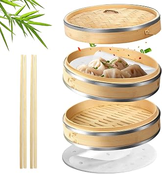 Flexzion 10-Inch Bamboo Steamer Basket Set with Stainless Steel Banding