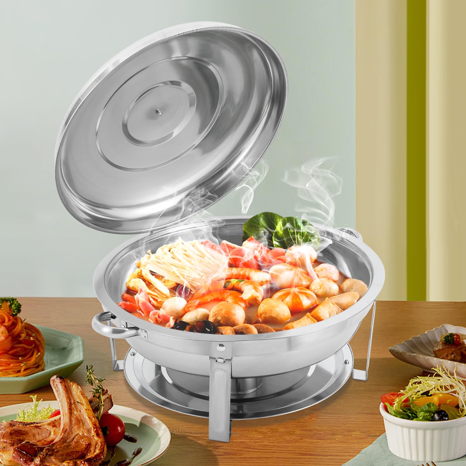 Chafing Dish - Set de buffet redondo de 9 litros, calentador de alimentos de acero inoxidable, estructura y tapa, calentador de sopa para catering, buffet y fiesta