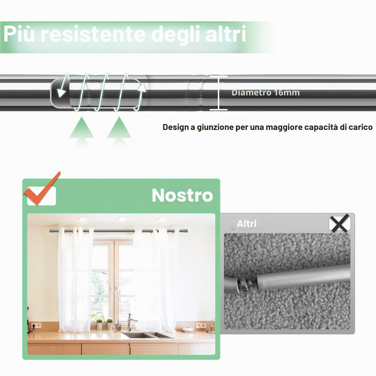 Bastone per tende con occhielli, asta per tenda in voile da 16 mm, colore argento, 76-117 cm, asta per tenda da finestra, estensibile, in acciaio inossidabile, con staffe regolabili, per camera