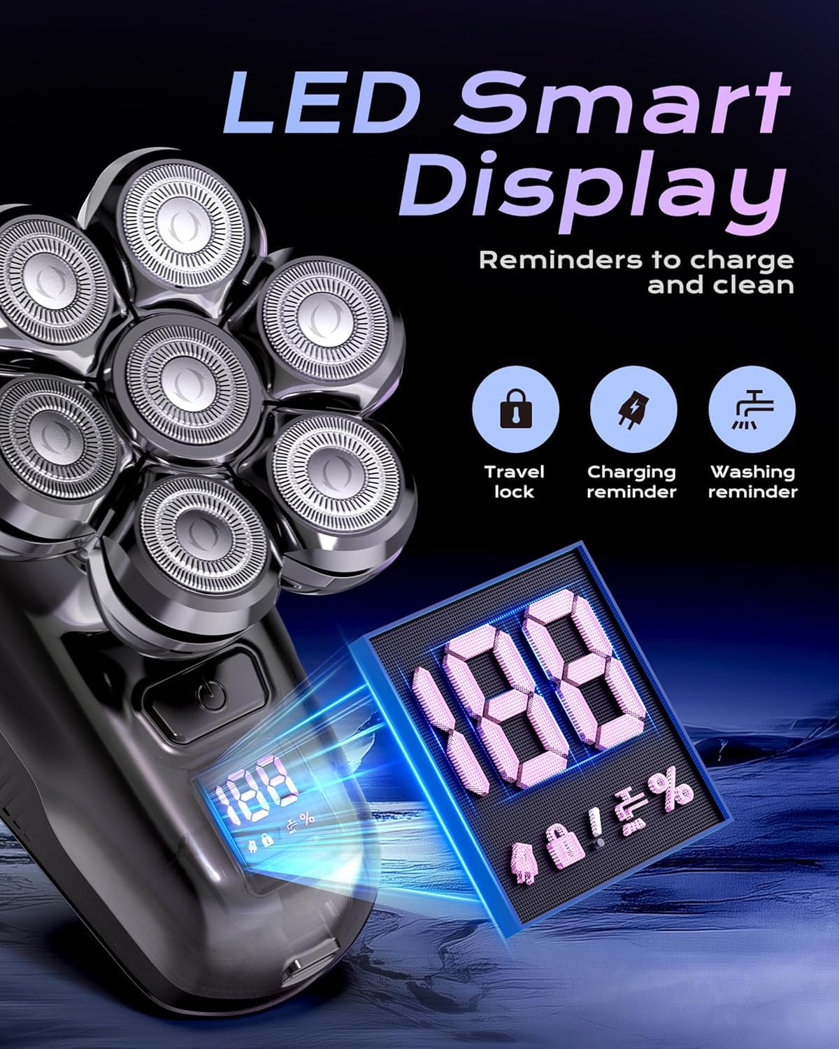 Glatzen Rasierer Herren, Upgrade-7D Kopfrasierer Glatze, Elektrischer Nass-/Trockenrasierer wasserdicht IPX7 mit Magnetische Schwebender Kopf & LED-Anzeige, Bart Nasenhaar Trimmer Pflege Kit