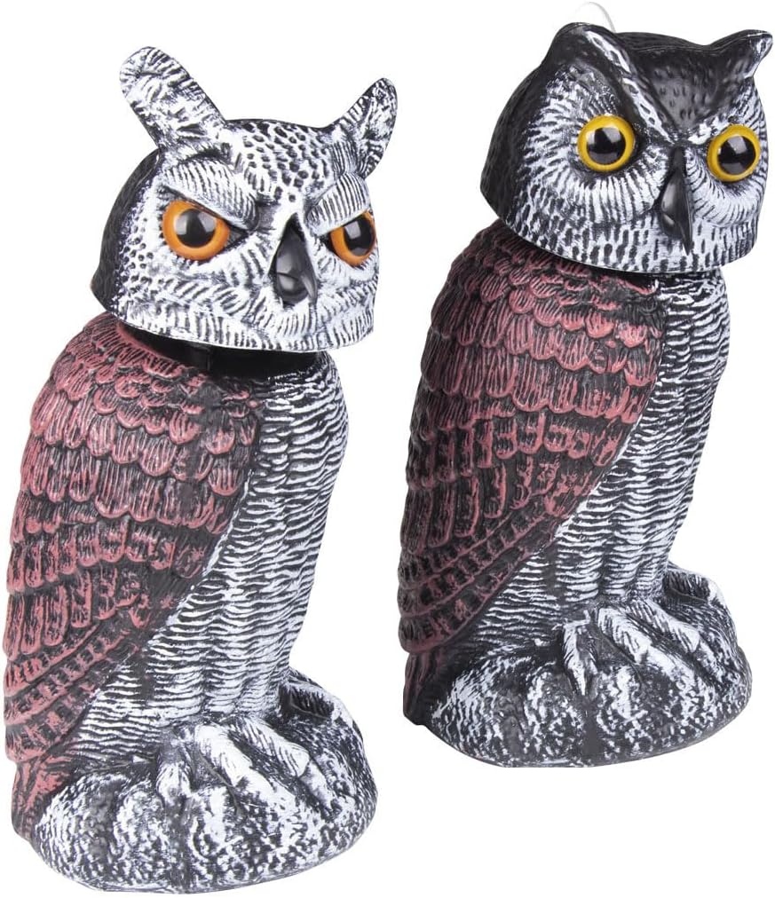 AndBird 2Pack Plastic Owl Decoy to Scare Birds Away with Rotating Head