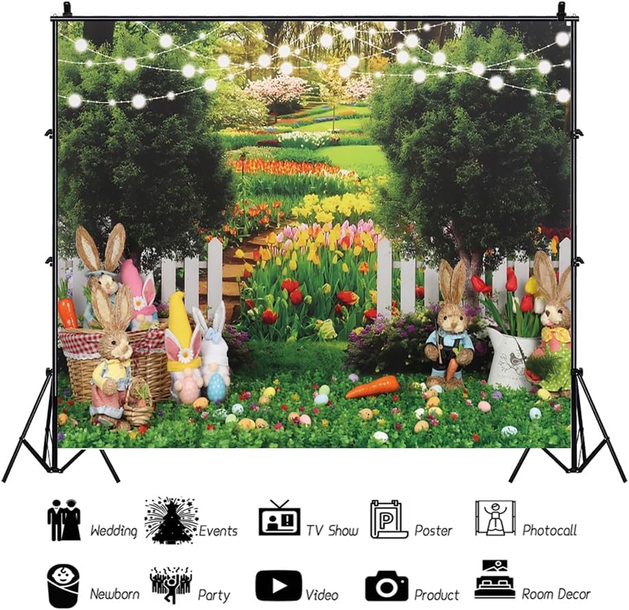 Spring Easter Photography Backdrop 10x8ft Spring Garden Colorful Flower Easter Bunny Eggs Photo Background for Portrait Studio Photo Booth Props Party Decorations