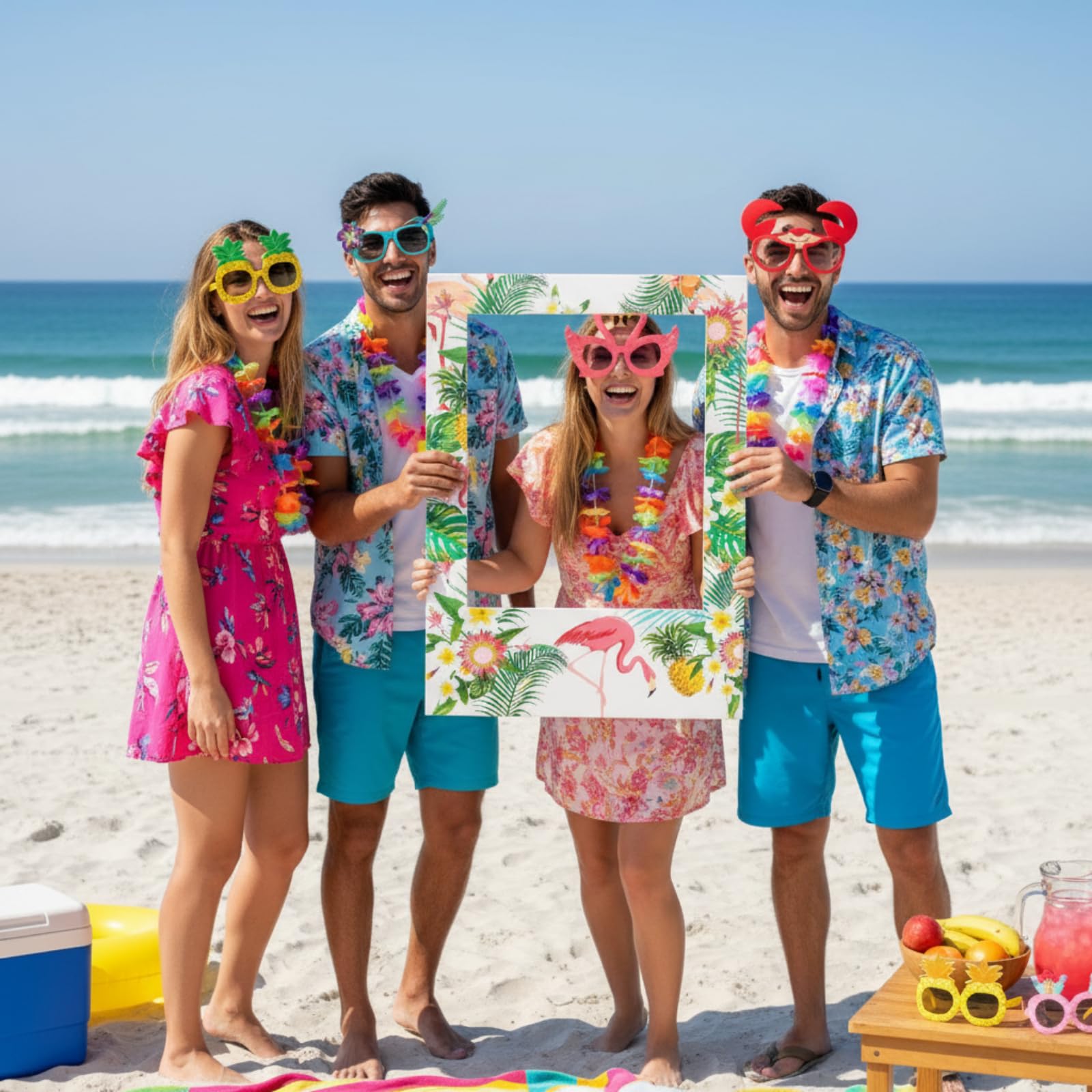 Relaxweex 13 accesorios para fotomatón de Luau, decoraciones de fiesta hawaiana, 12 pares de gafas hawaianas divertidas con temática de playa, 1 marco de fotos de flamenco de verano, suministros de