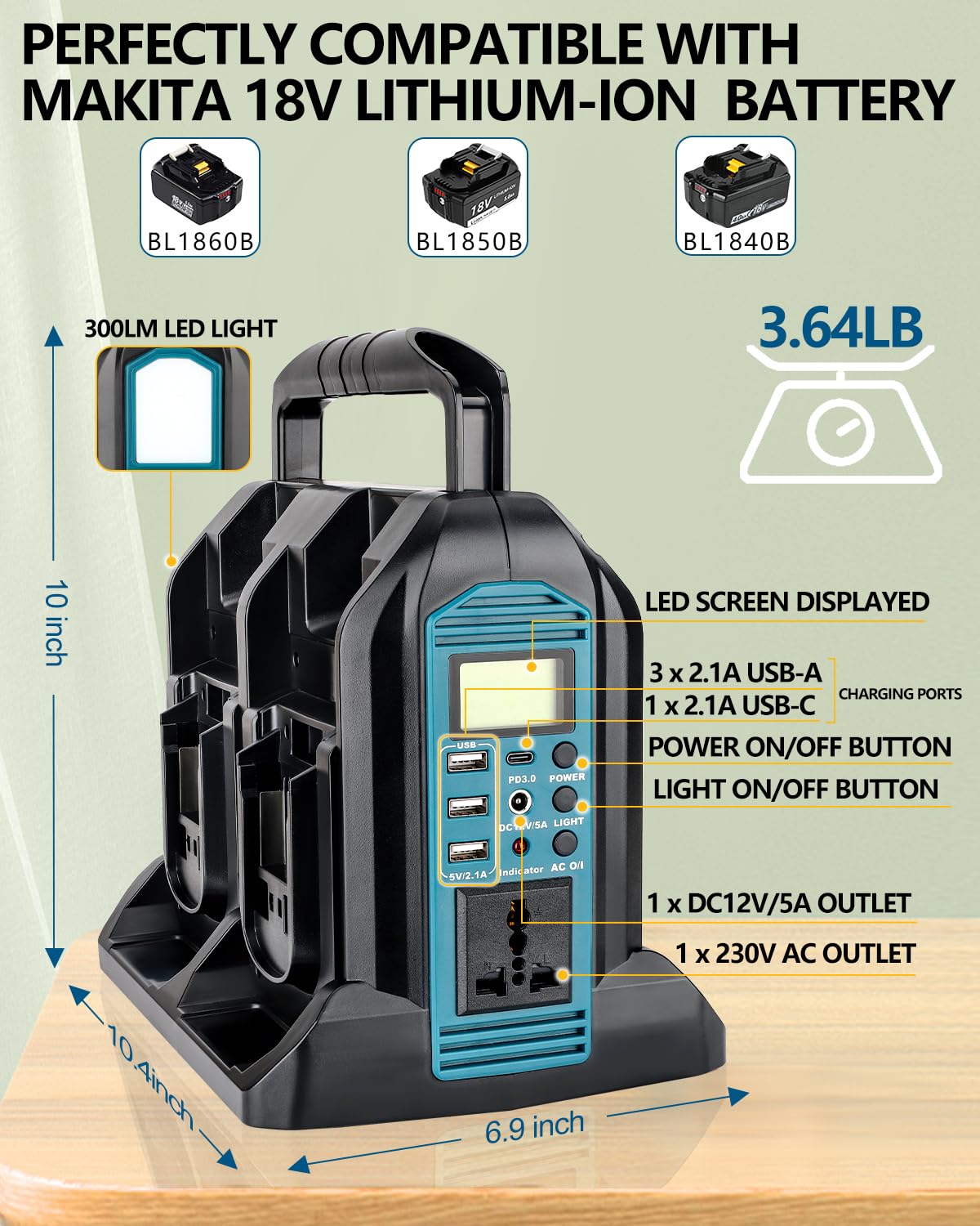 Taingwei 350W Sine Wave Wechselrichter für Makita 18V Batterie, 4-Ports 18V auf 230V Volt Spannungswandler mit 3 USB-A Ports, 1 USB-C Port, 300lm LED-Licht für Camping Reisen Jagd Notfälle (Nur Gerät)