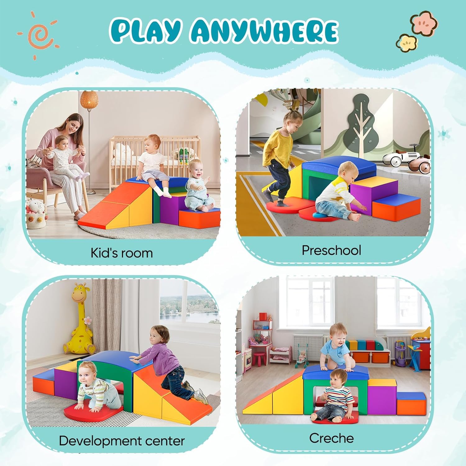 Weiches Spielset für Babys, Kletter- und Krabbelspielzeug, weiches Krabbelspielzeug für Kinder, Indoor-Spielausrüstung für Babys und Vorschulkinder (6-teiliges Set)