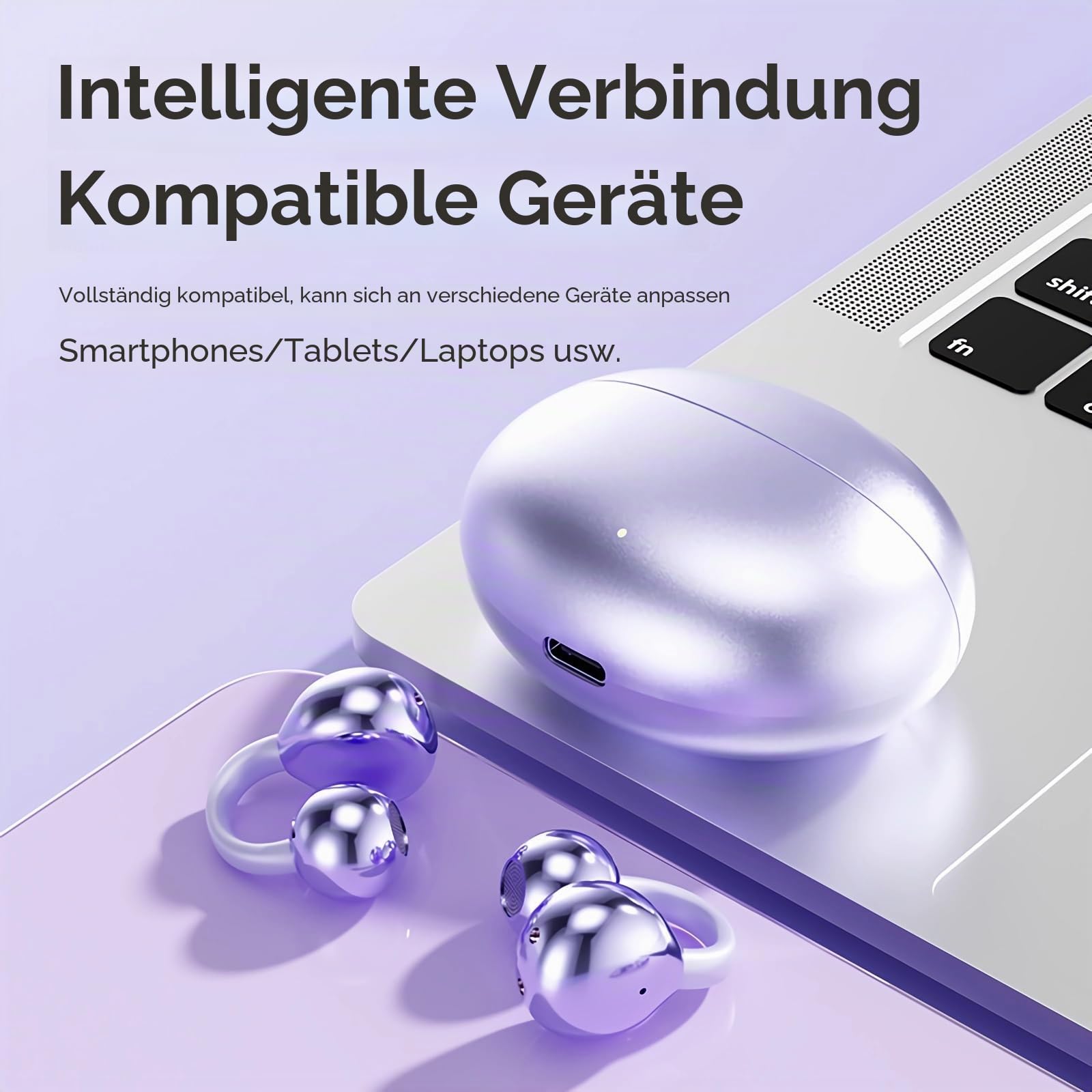 PTHTECHUS Open Ear Kopfhörer Bluetooth, Open-Ear-Clip Kabellose Kopfhörer mit 4,3g Lightweight, Bluetooth 5.4 Clip On Kopfhörer, Komfort-Ohrhörer, 65 Std Laufzeit für Sport Arbeit Studium (Lila)