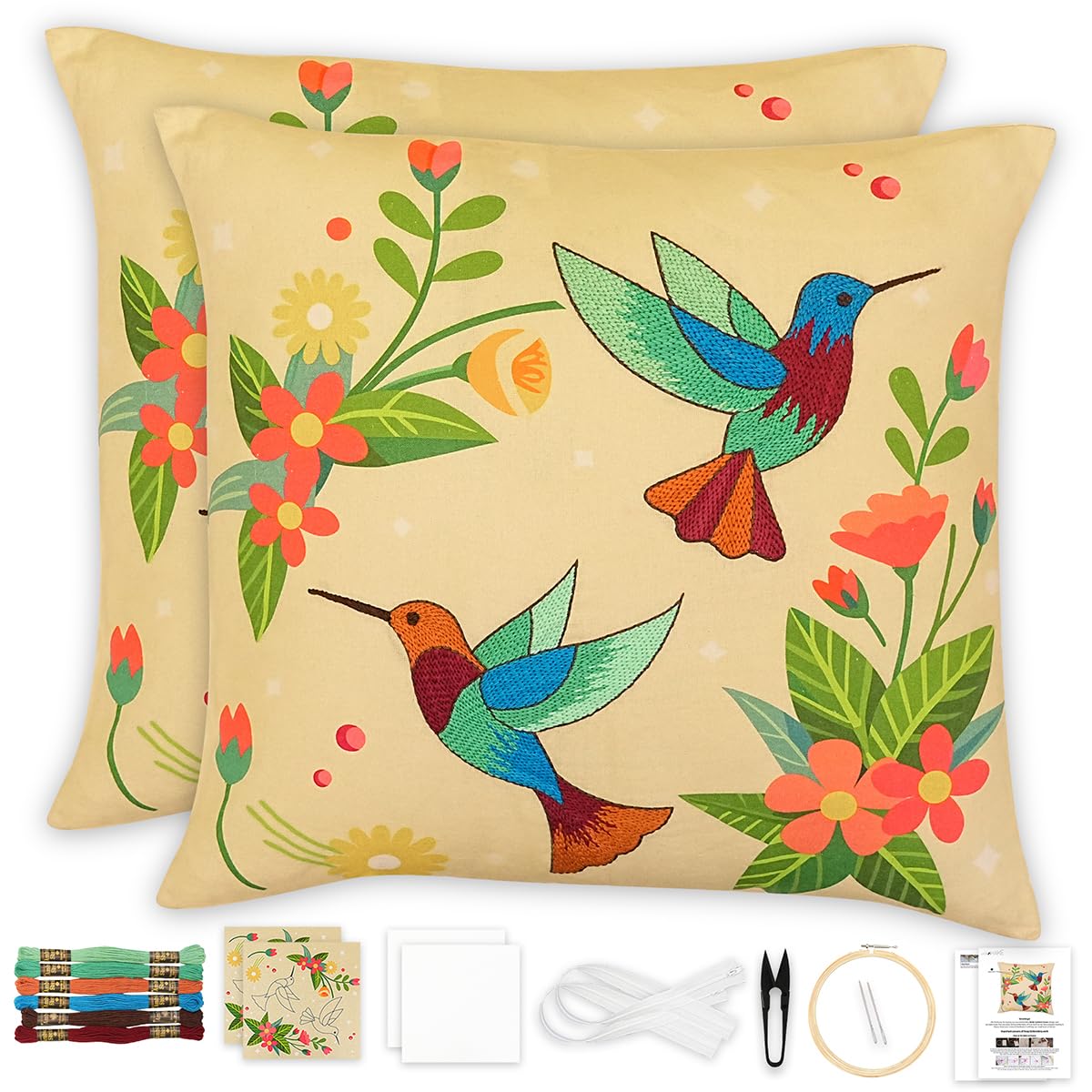 picknMAKE Pack of 2 DIY Cushion Cover Hand Embroidery Kit Set for Beginners – Hummingbird Bliss Handmade Cushion/Pillow Covers | Home Decor | 16"x16"|Digitally Printed Pattern|All Materials Included-image-31