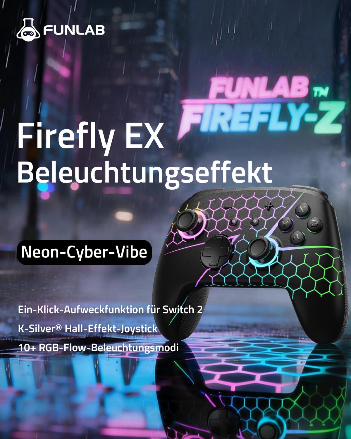 Switch 2 Pro Controller für Switch2/OLED,Hall-Effekt Switch 2 Controller Wireless mit Ein-Tasten-Aufweckfunktion,Firefly Bluetooth Gamepad mit 7 RGB-Farben/Rücktasten/Turbo/Bewegungssteuerung,Schwarz