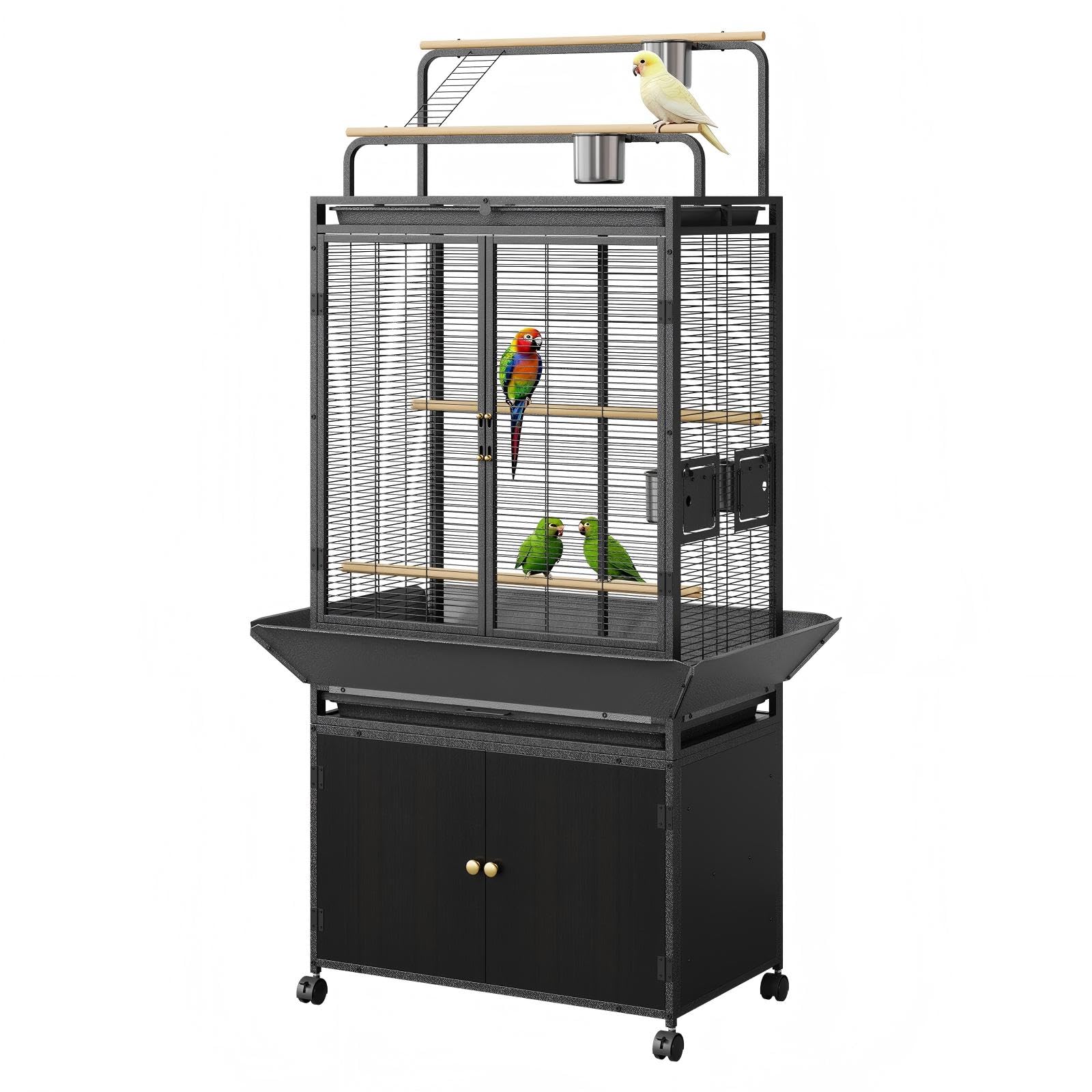 GarveeLife Large Bird Cage, Parakeet Cage with Play Top & Storage Cabinet, Indoor Outdoor Birdcage for Parrot, Cockatiel, Macaw Budgie, Black Walnut Wood, Black + dark walnut