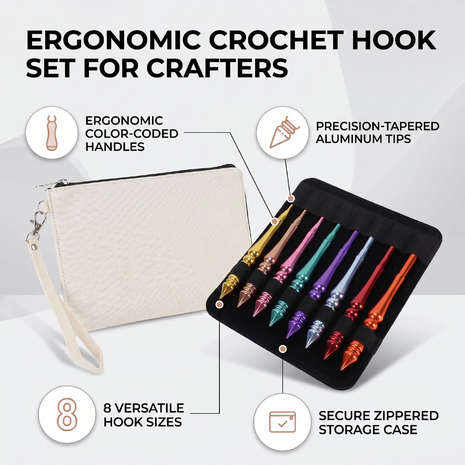 Cryfokt Zestaw 8 Ergonomicznych Szydełek, Kolorowe Uchwyty od 3,0 Mm do 7,0 Mm