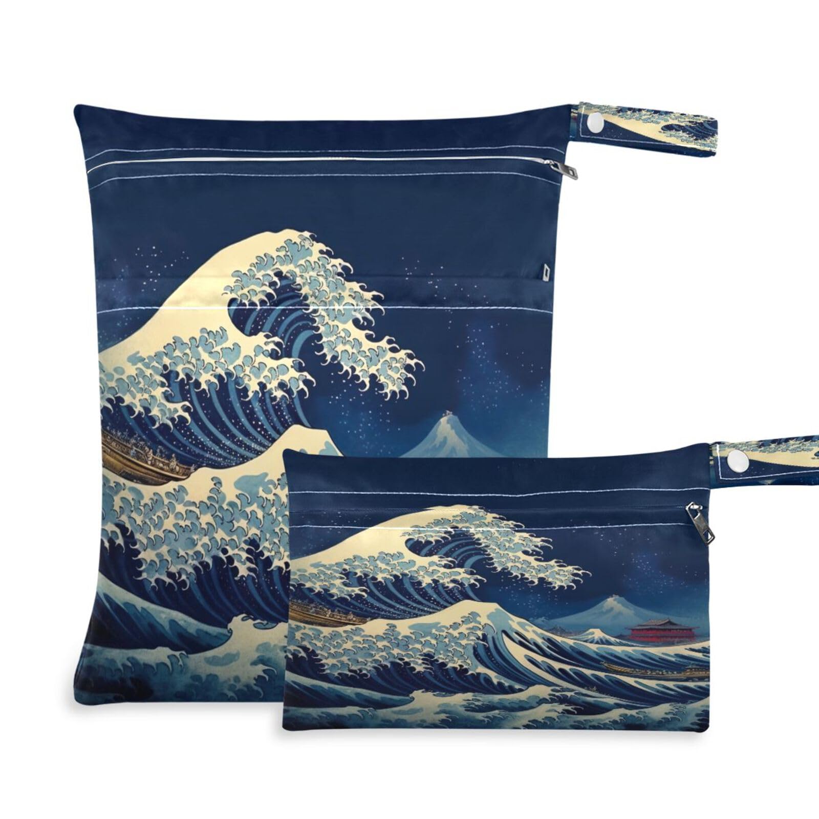 ATTX Great Wave Wet Dry Bags 2-Pack - Reusable Cloth Diaper Storage for Travel, Beach & Gym | Multi-Use Waterproof Bags for Swimsuits, Baby Clothes, Sports Gear#264