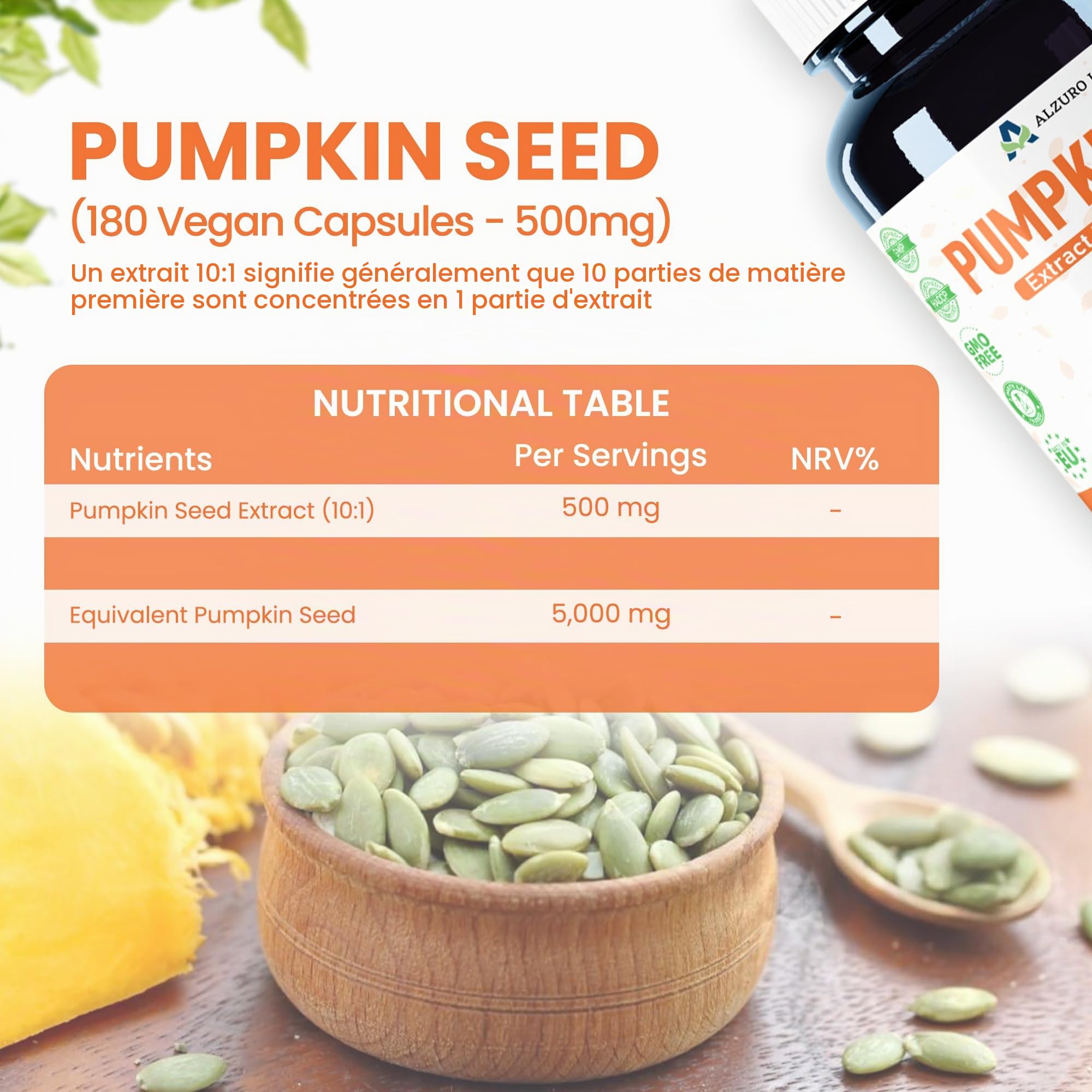 Noyau de citrouille équivalent | 5 000 mg | Haute dose 500 mg 10:1 extrait de noyau entier sans huile | 180 gélules végétaliennes | Stock de 6 mois | GMP & Testé en Laboratoire Indépendant