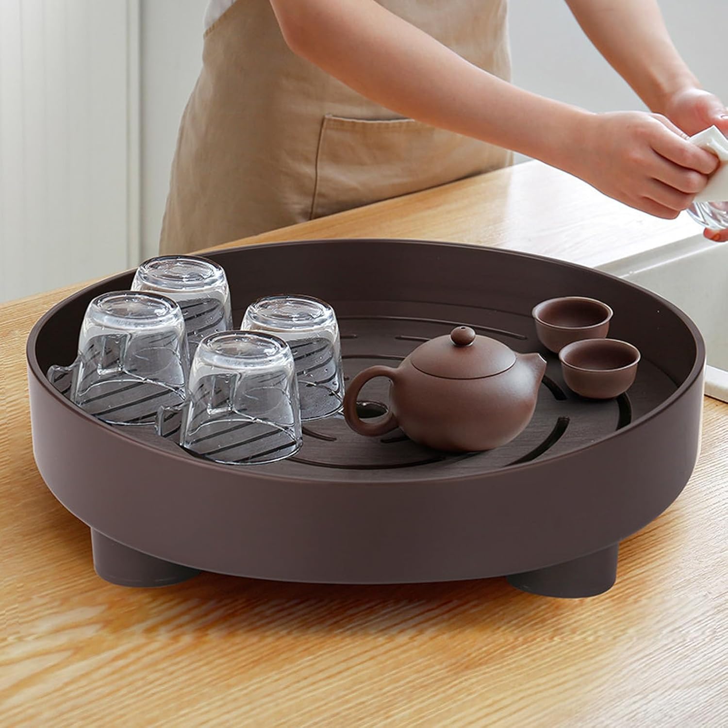 Large Plastic Drain Pan with Lip, Plant Saucers for Indoors, Tea Tray with Base, for Bathroom, Kitchens, Restaurants(Brown)